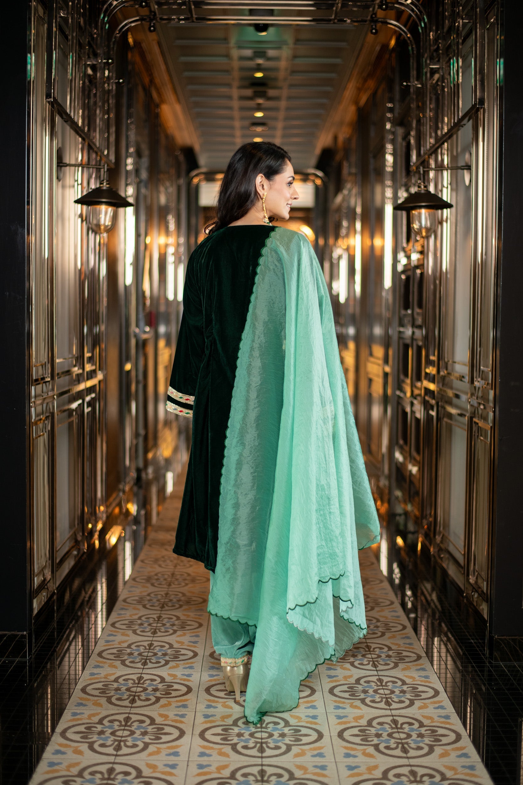 Velvet Bottle Green and Mint Green Salwar Set