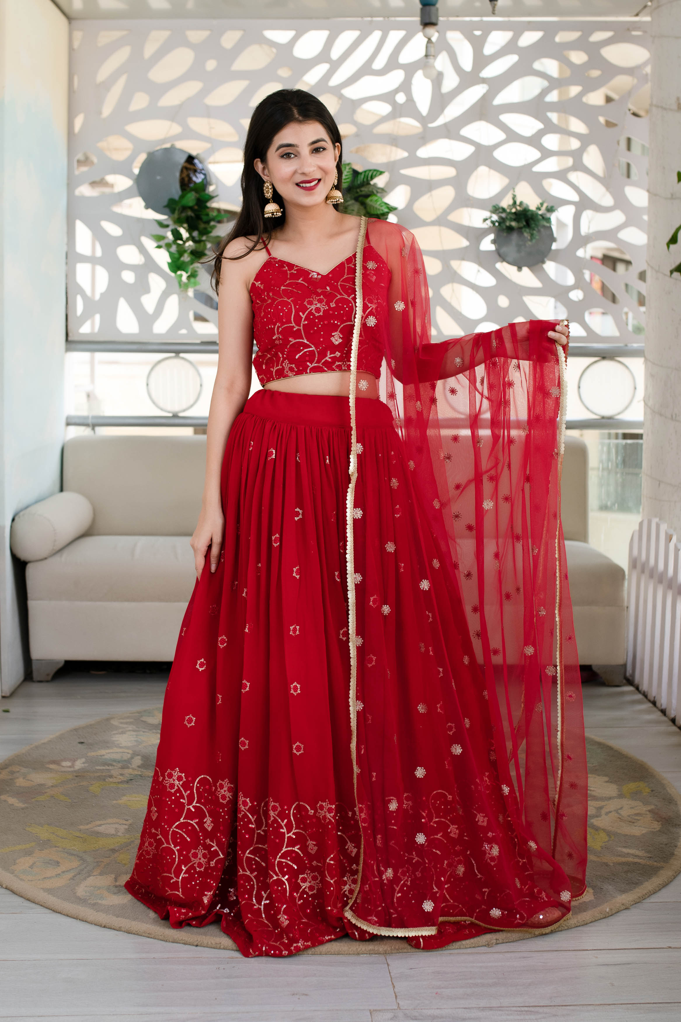 Red Daman Work Lehenga