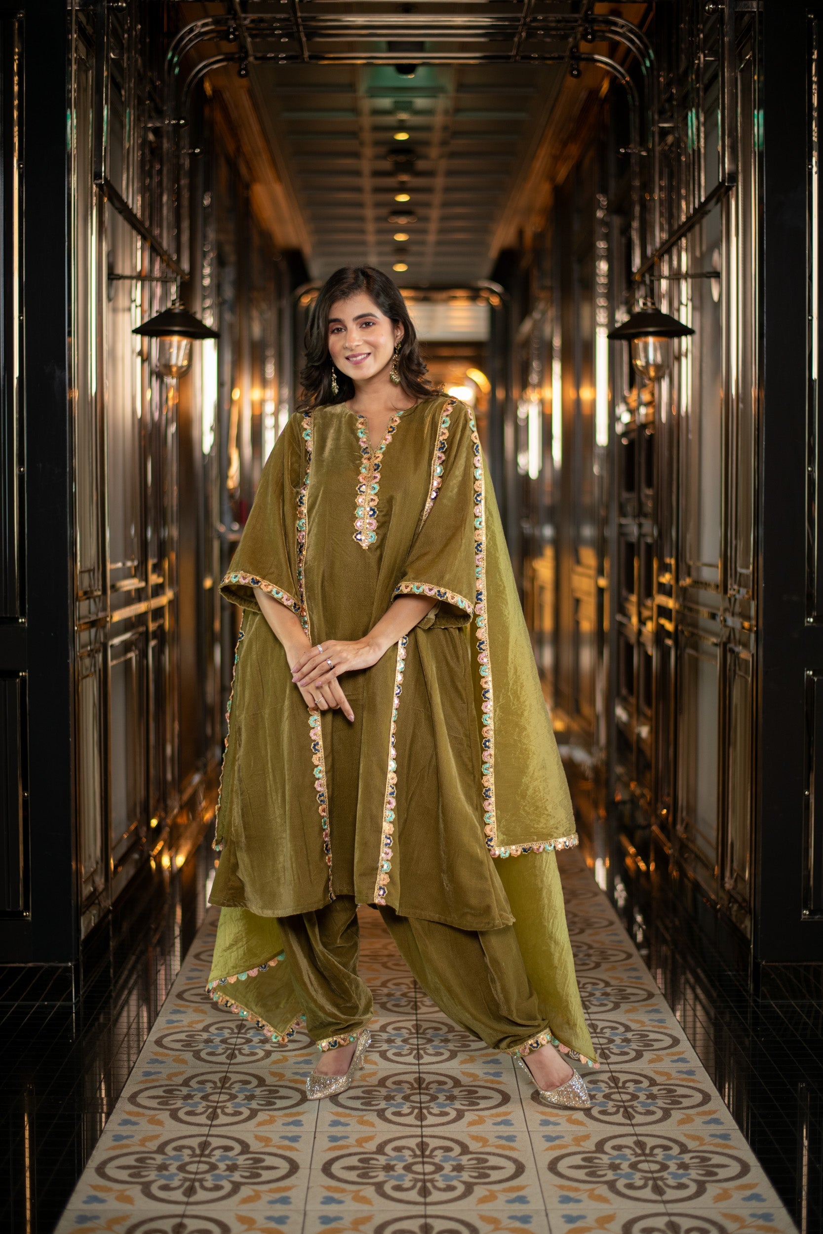 Velvet Olive Green Salwar Set