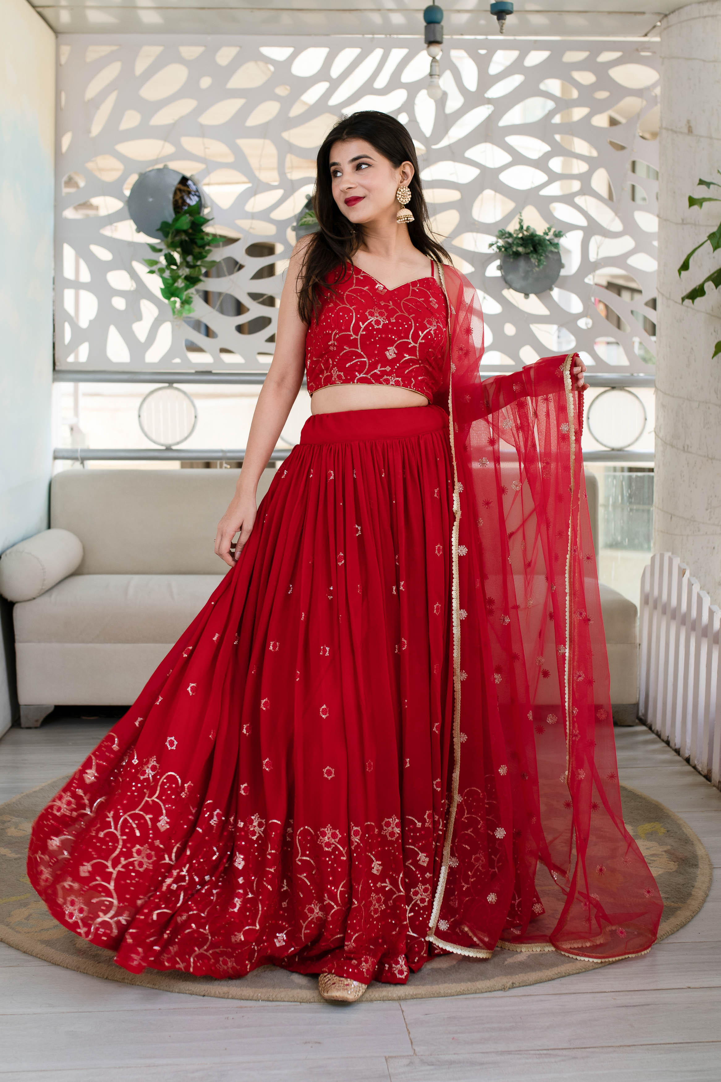 Red Daman Work Lehenga