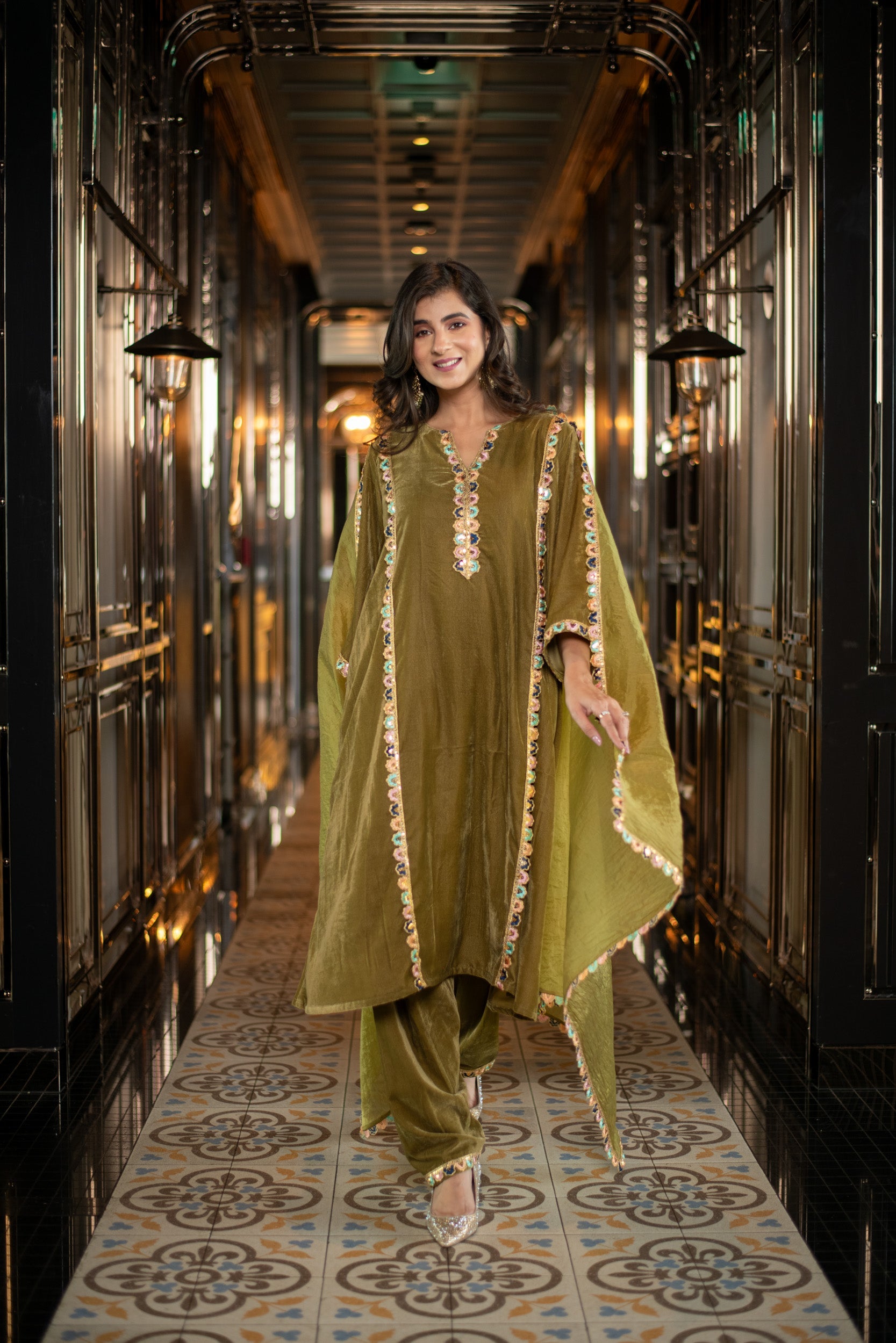 Velvet Olive Green Salwar Set