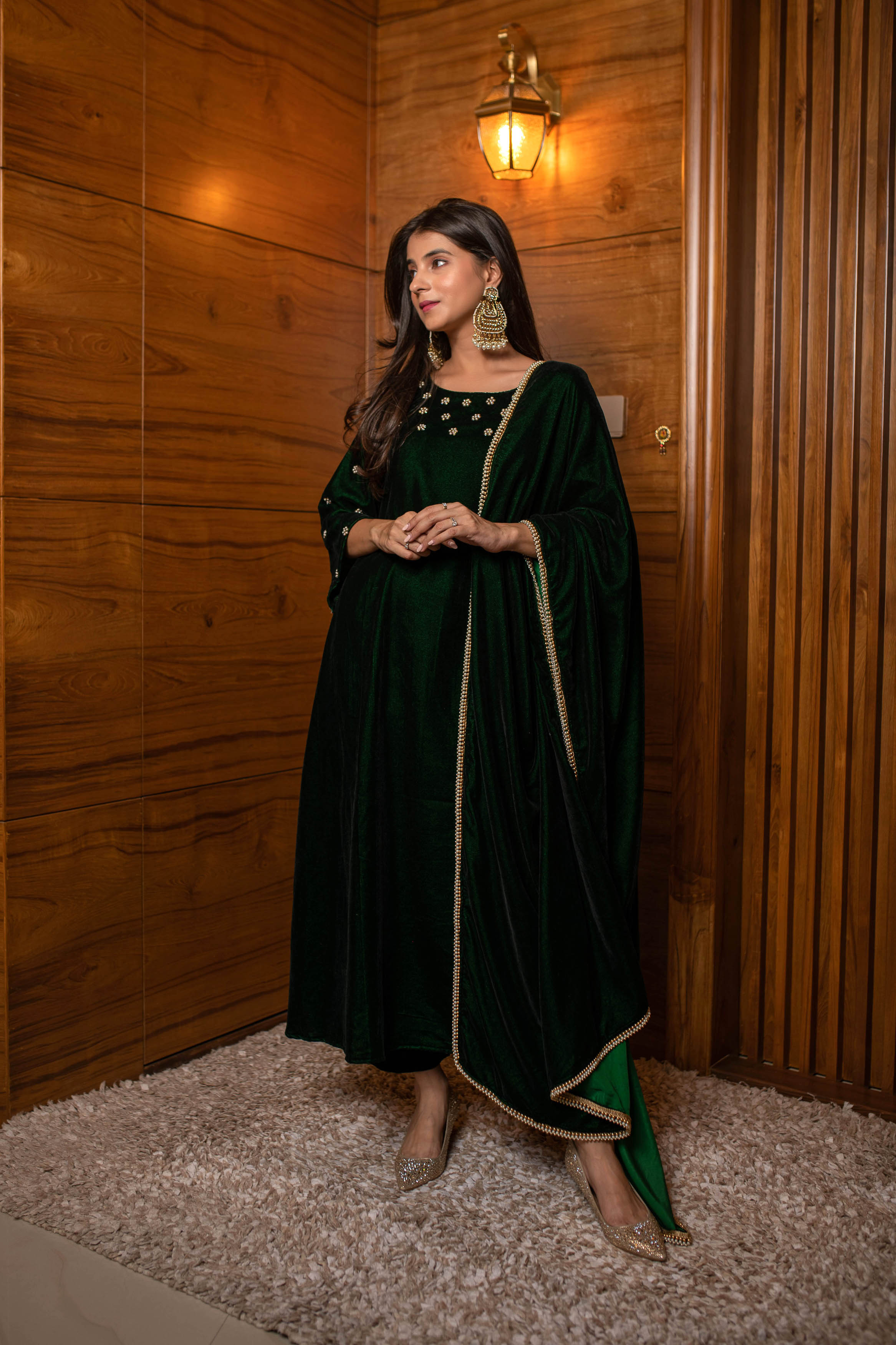 Bottle Green Hand Work Velvet Kurta Set