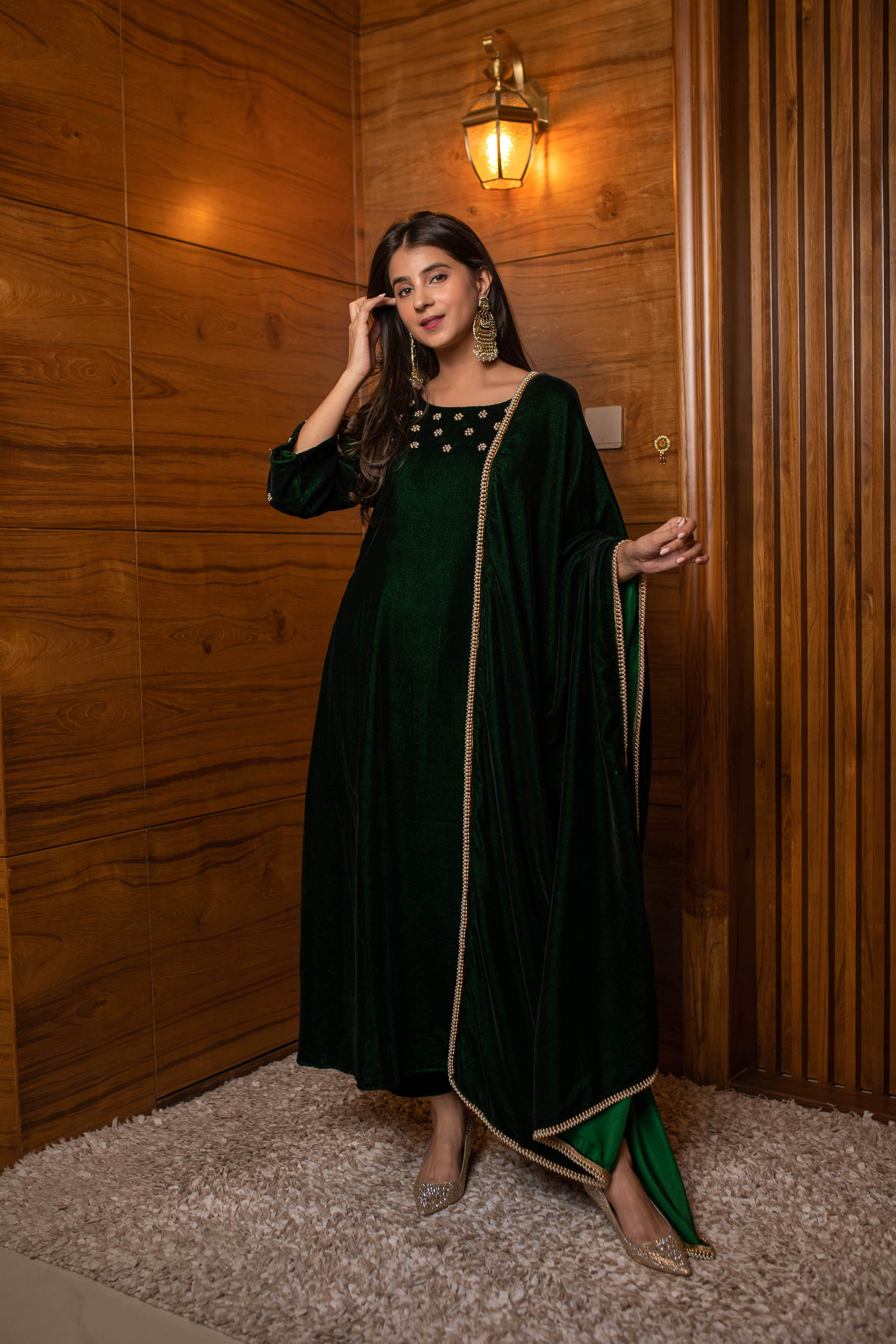 Bottle Green Hand Work Velvet Kurta Set