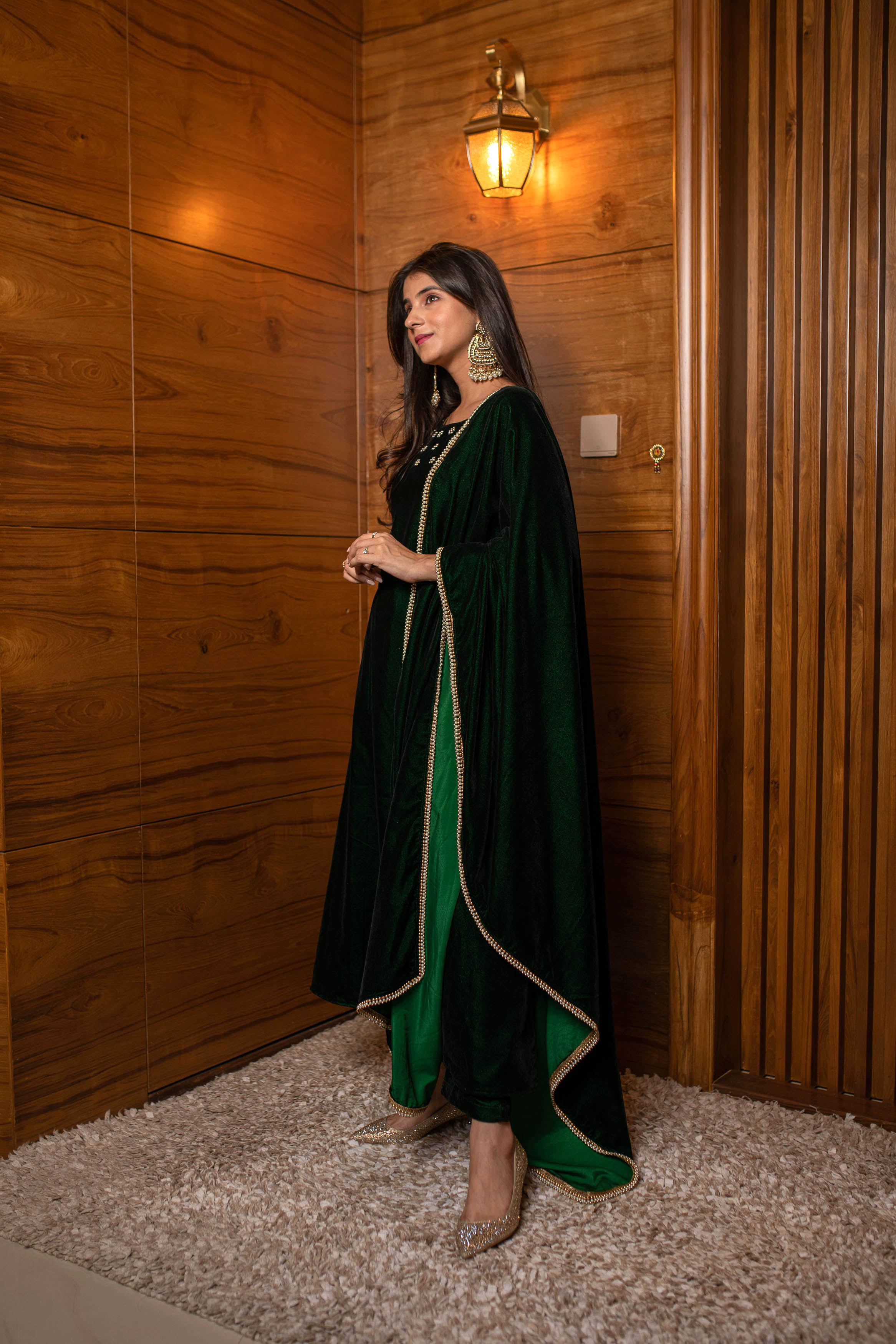 Bottle Green Hand Work Velvet Kurta Set