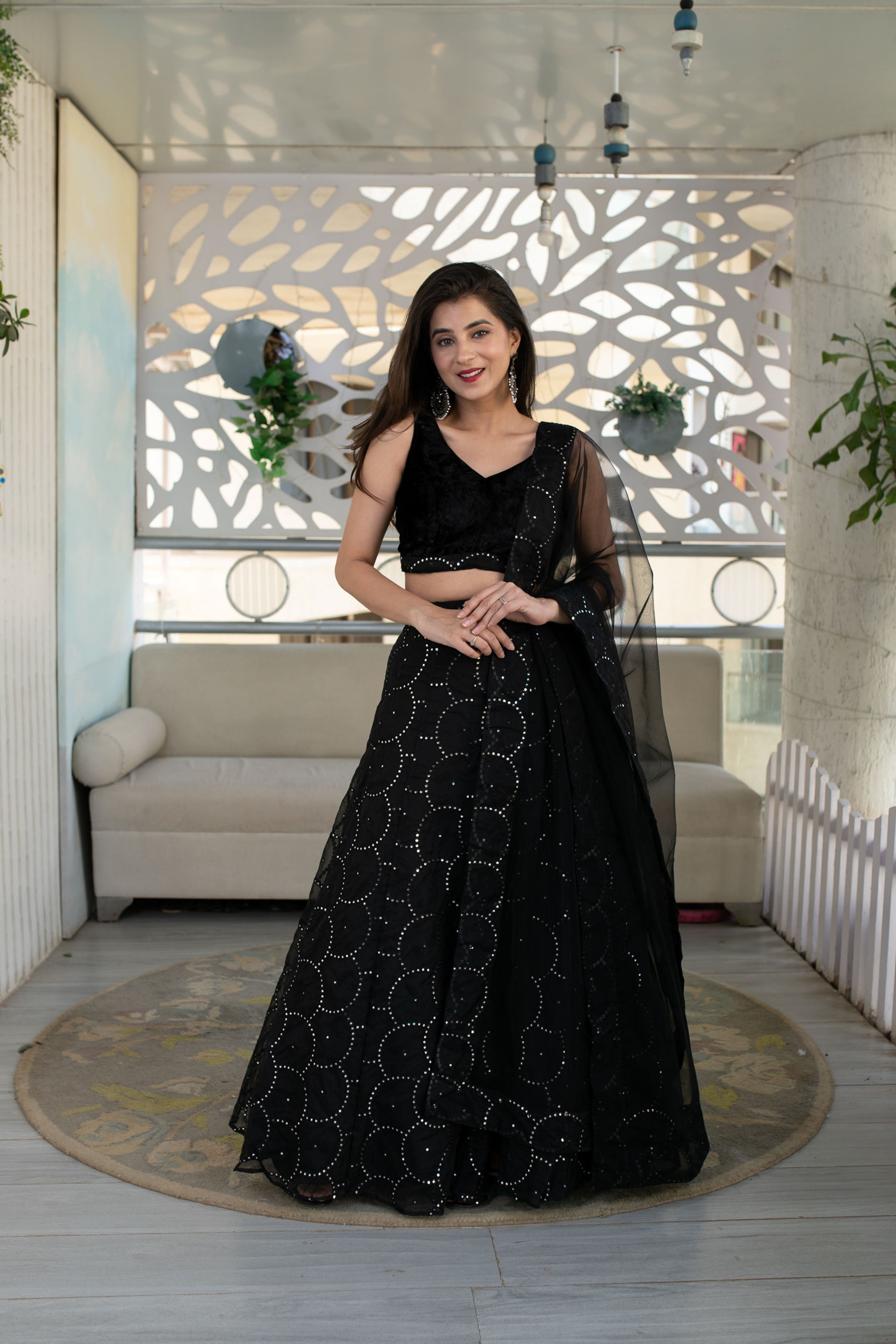 Black Organza Lehenga With Velvet Blouse