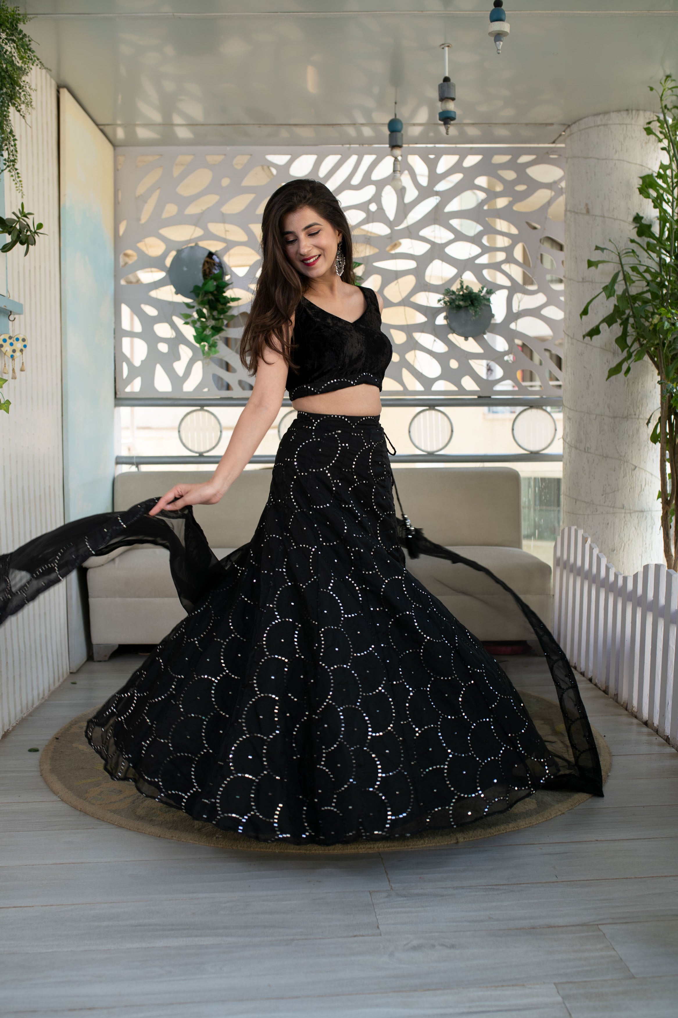 Black Organza Lehenga With Velvet Blouse