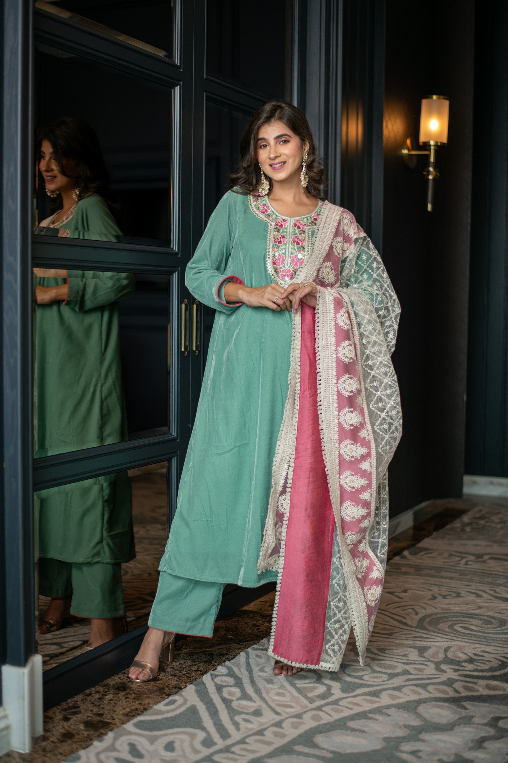 Velvet Mint Green Kurta Set With Thread Work Dupatta