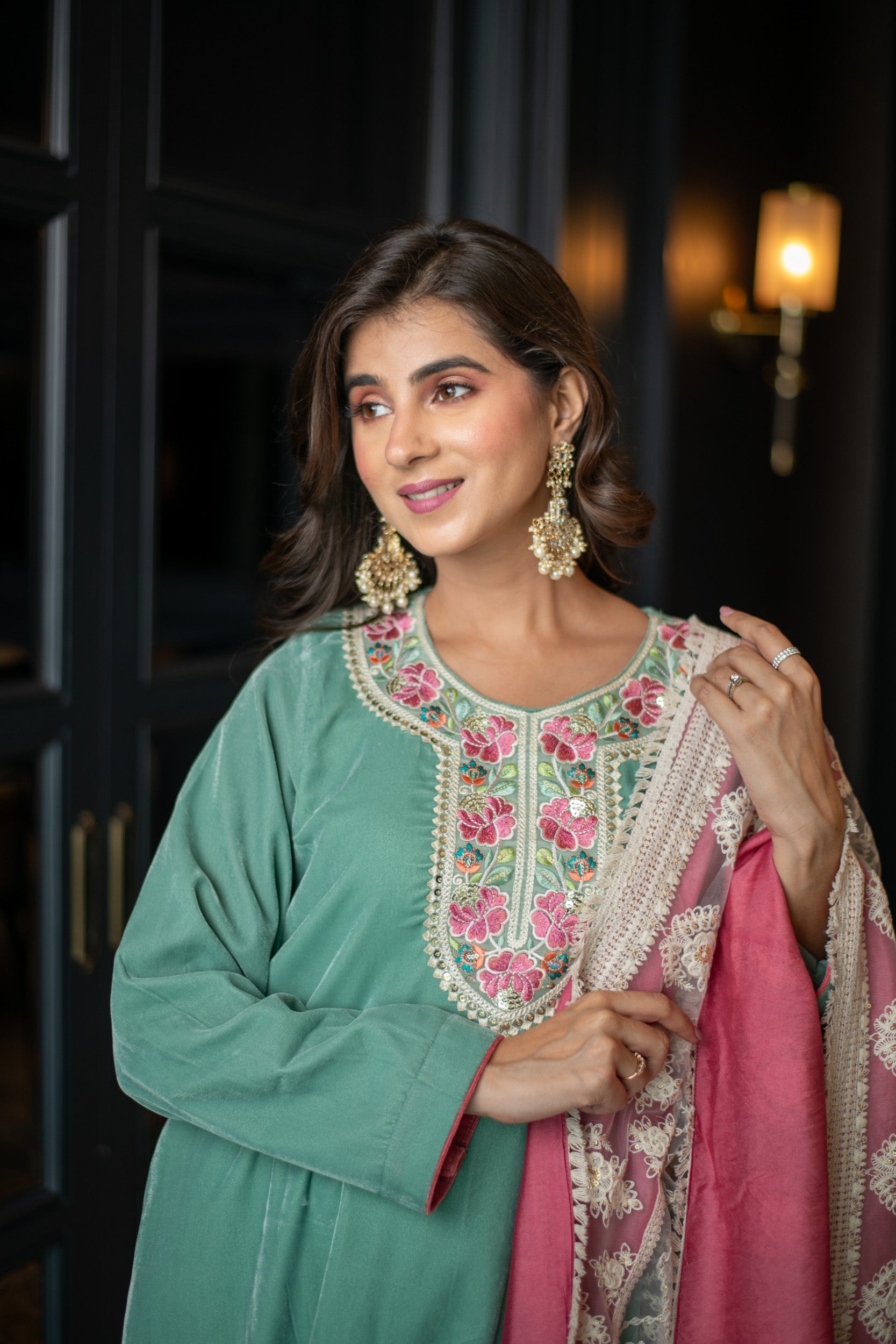 Velvet Mint Green Kurta Set With Thread Work Dupatta