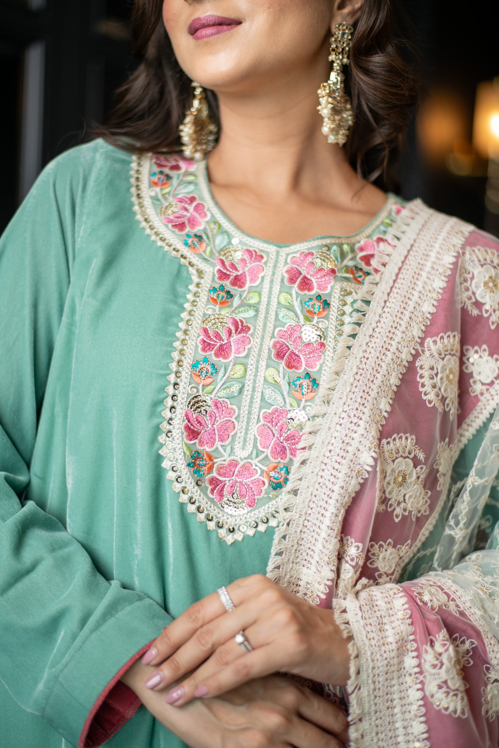 Velvet Mint Green Kurta Set With Thread Work Dupatta