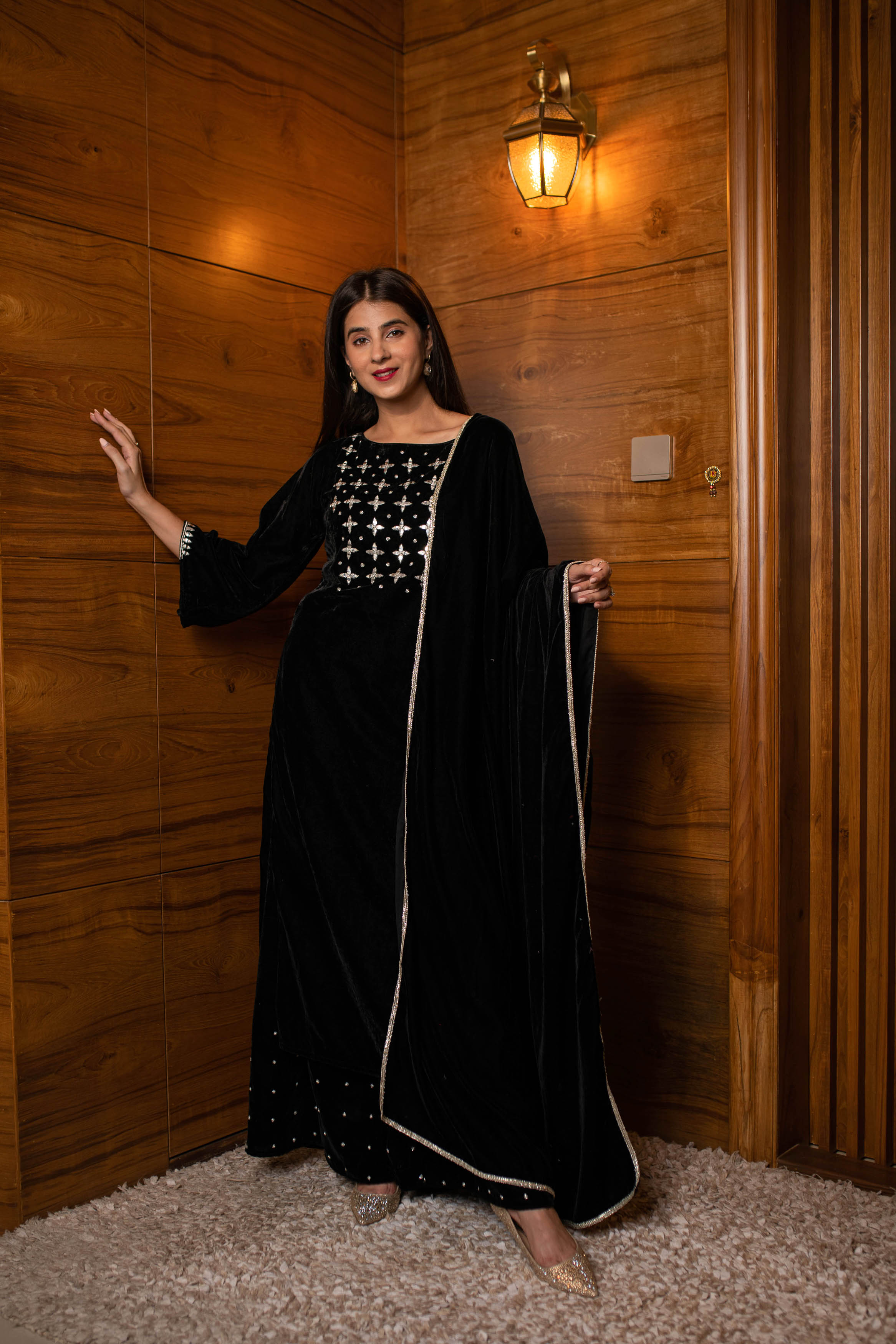 Black Silver Hand Work Velvet Kurta Palazzo Set