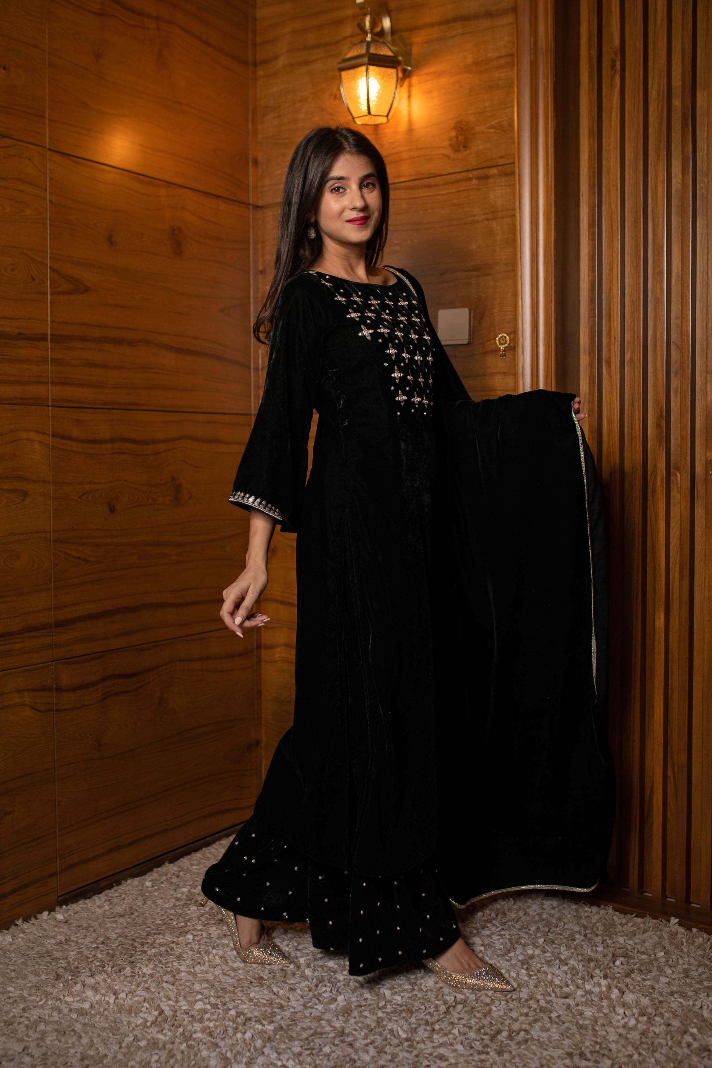 Black Silver Hand Work Velvet Kurta Palazzo Set