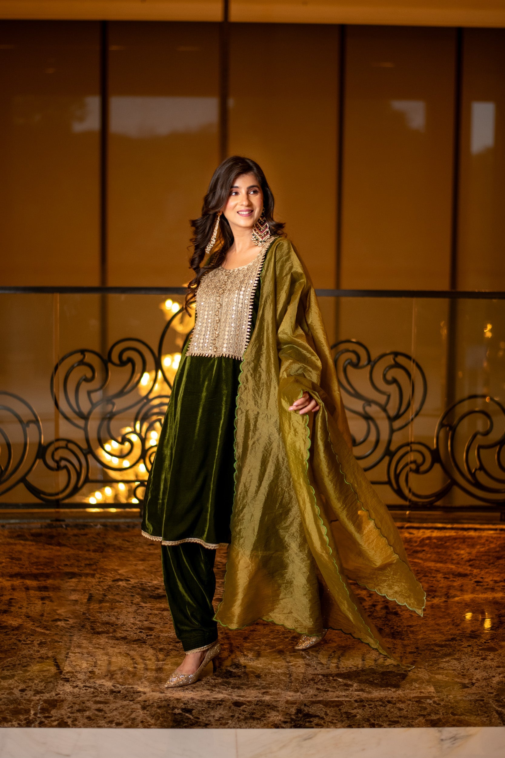 Velvet Dark Olive Kurta Set