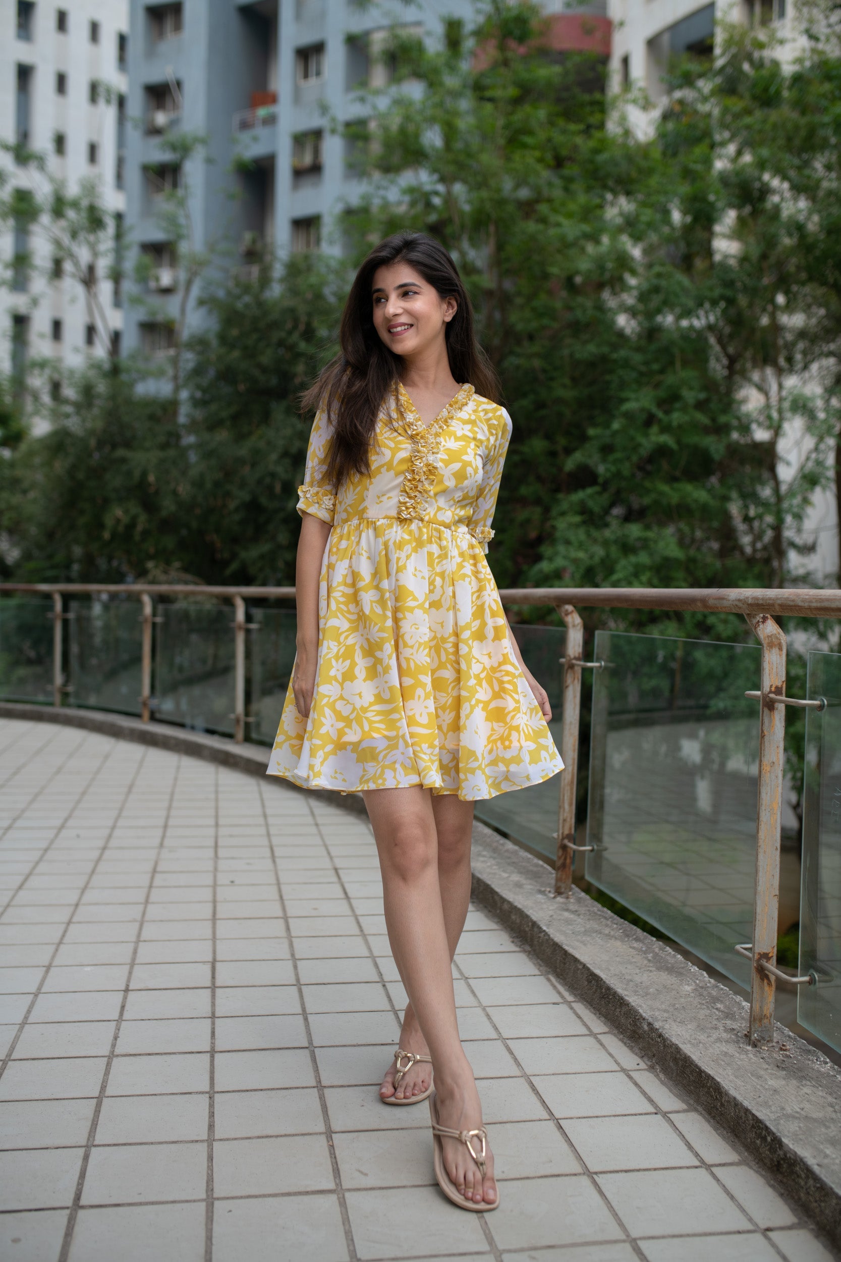 Yellow White Floral Short Dress