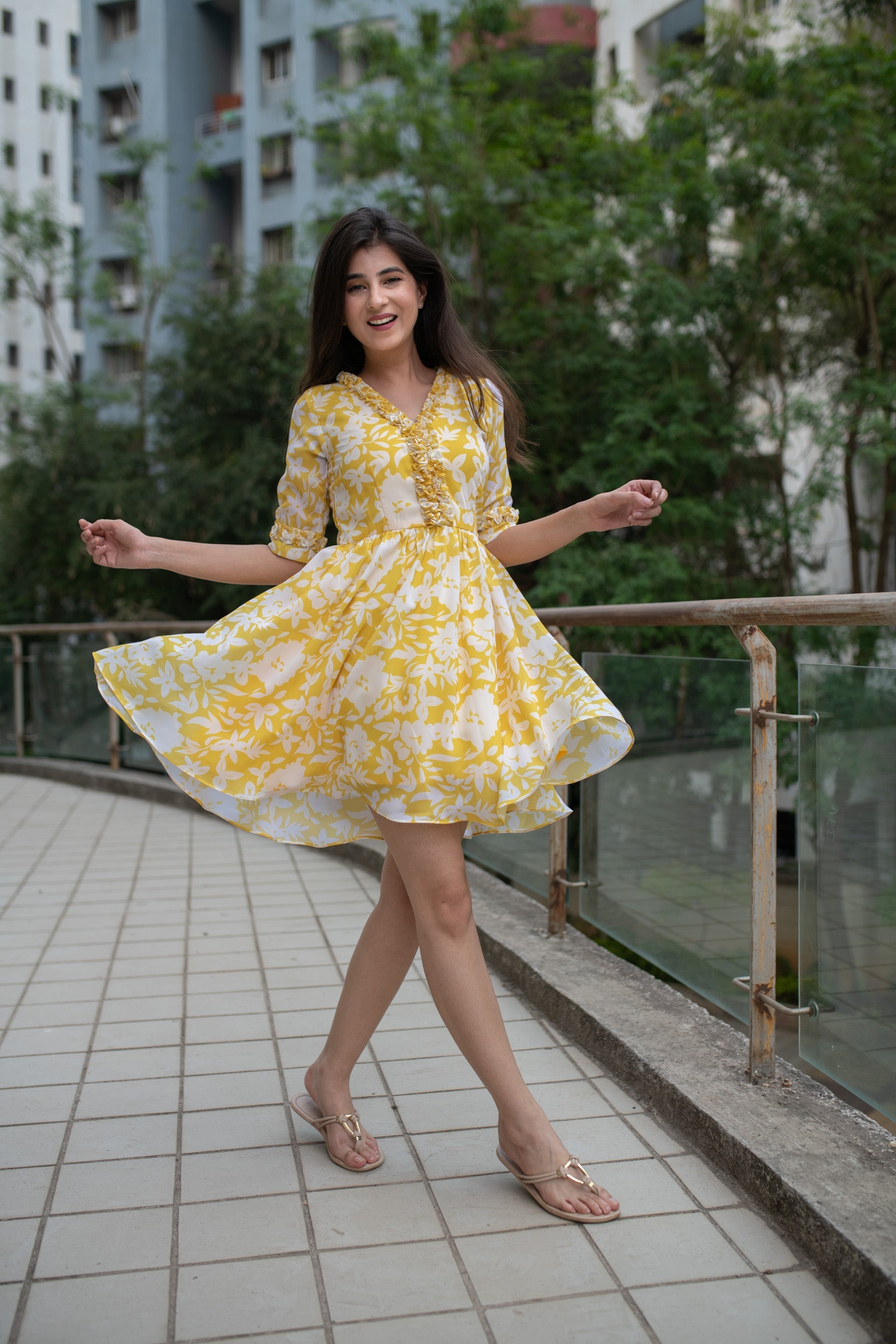 Yellow White Floral Short Dress