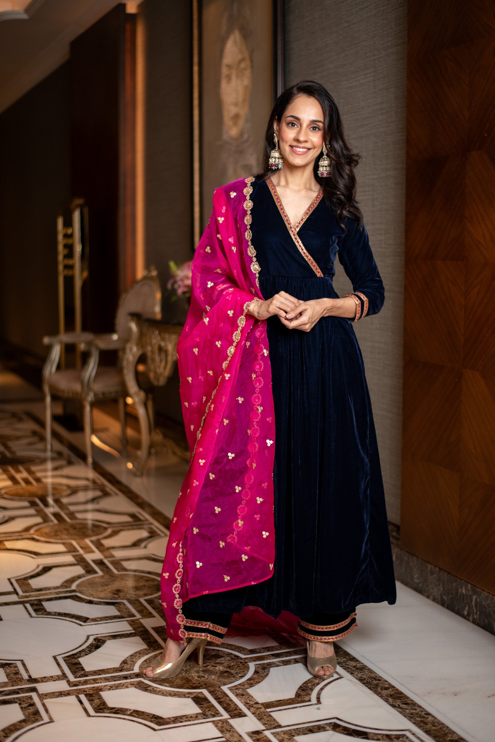 Velvet Royal Blue and Pink Overlap kurta Set