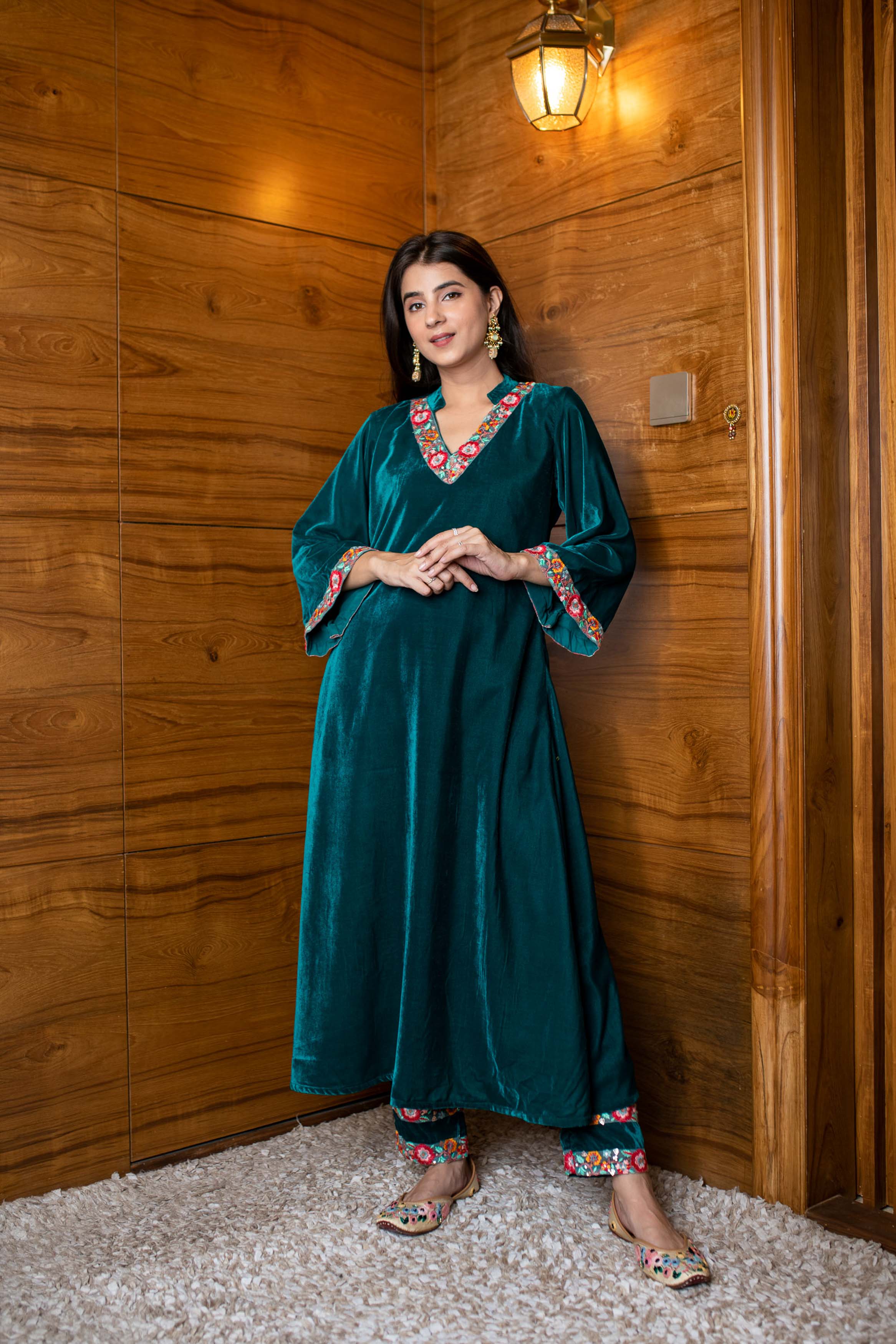 Turquoise Velvet Kurta Set