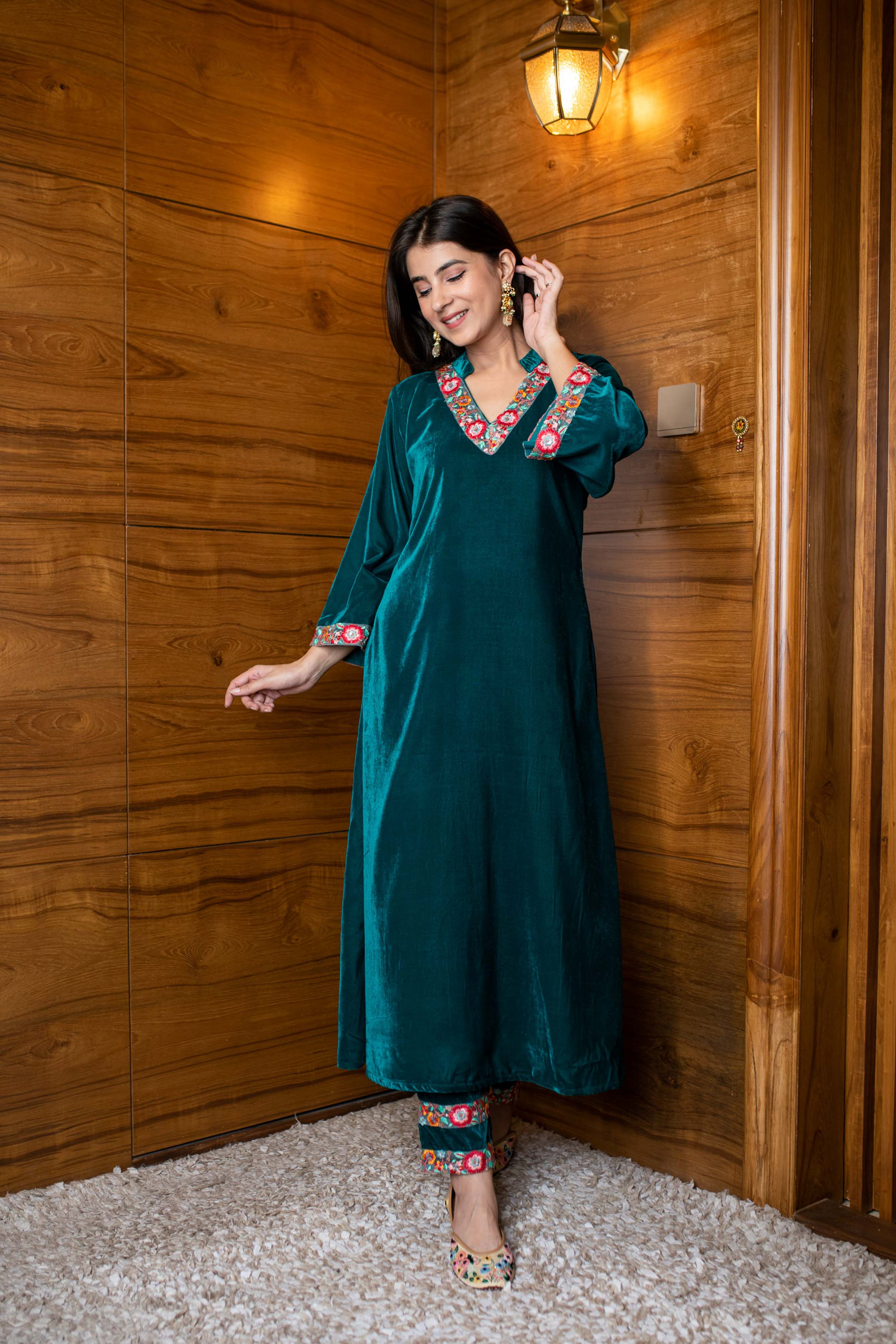 Turquoise Velvet Kurta Set