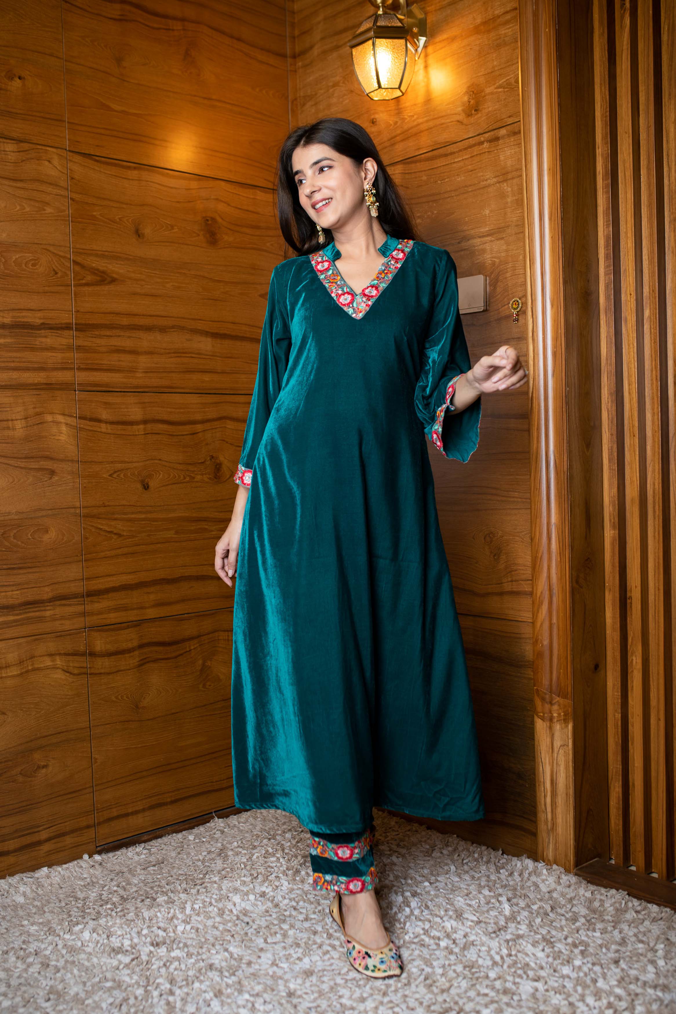 Turquoise Velvet Kurta Set