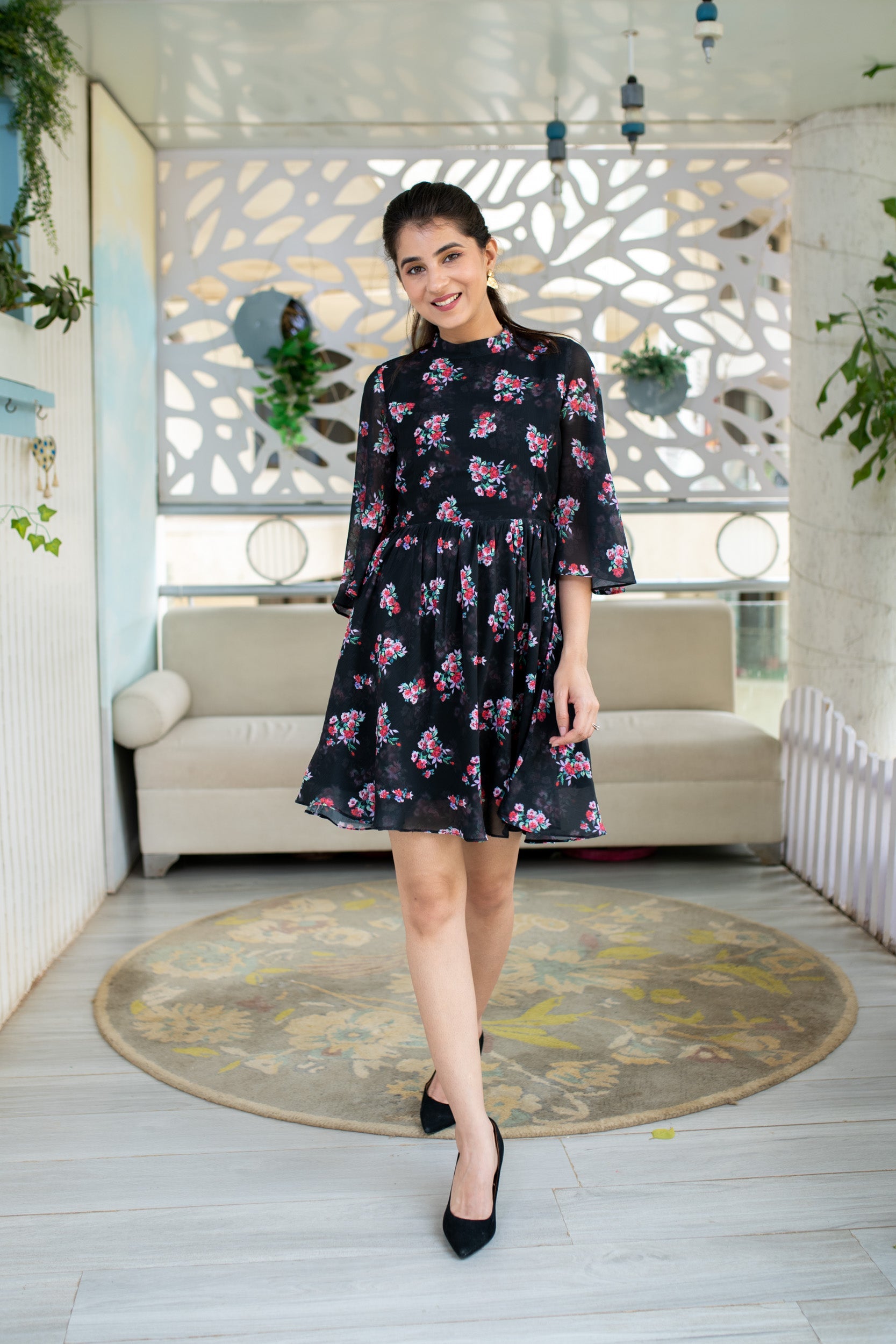 Black Floral Short Dress