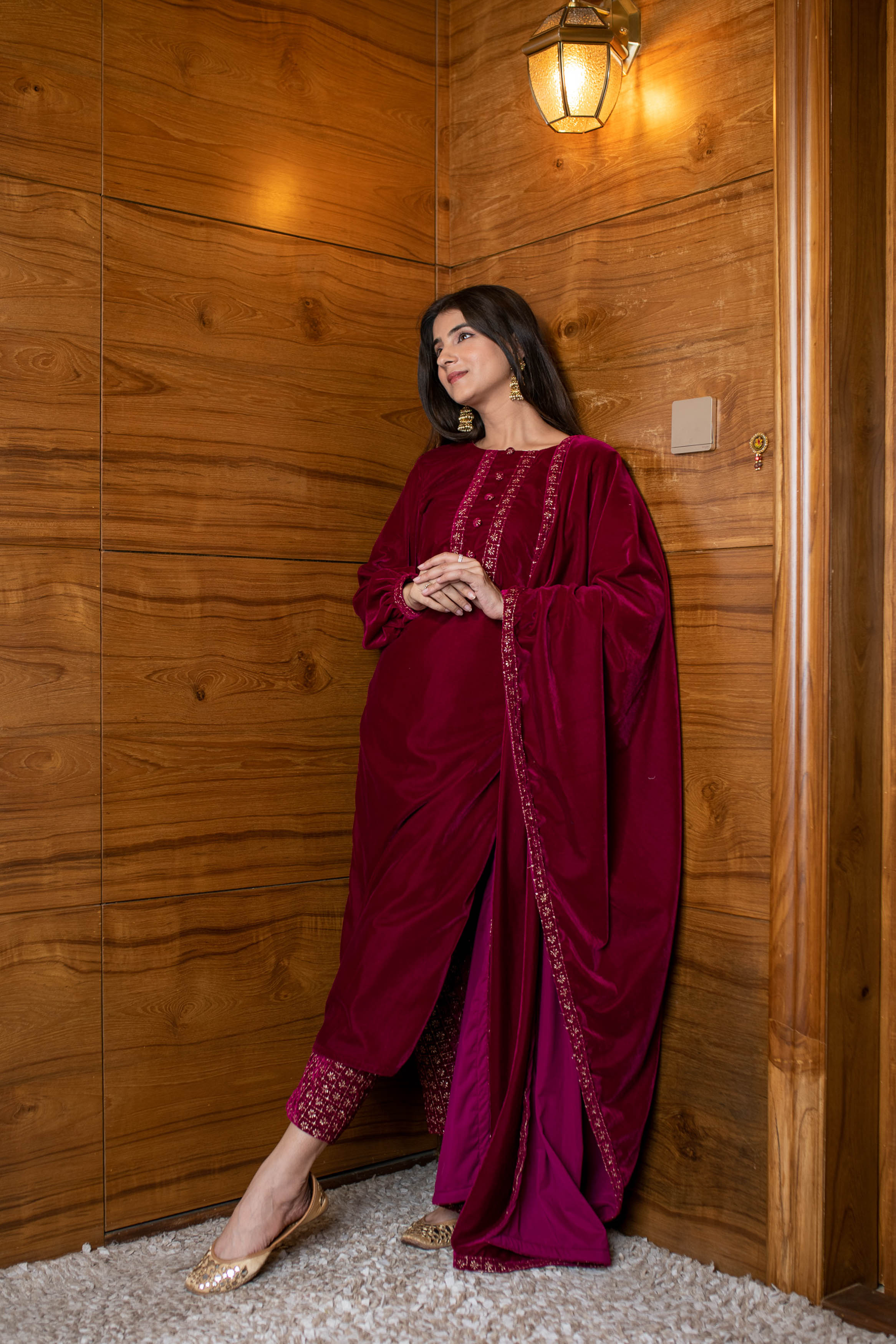 Magenta Velvet Kurta Set