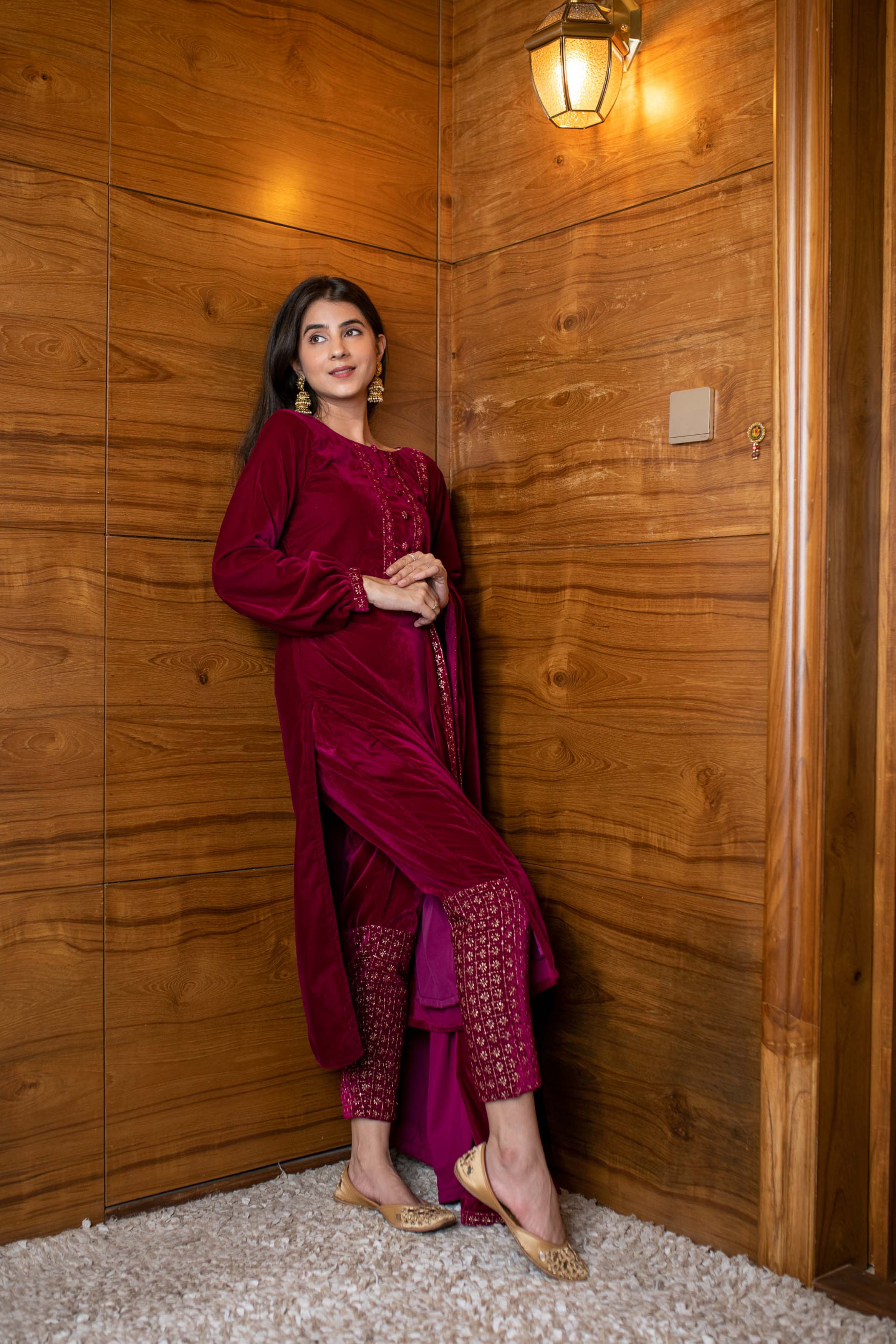 Magenta Velvet Kurta Set