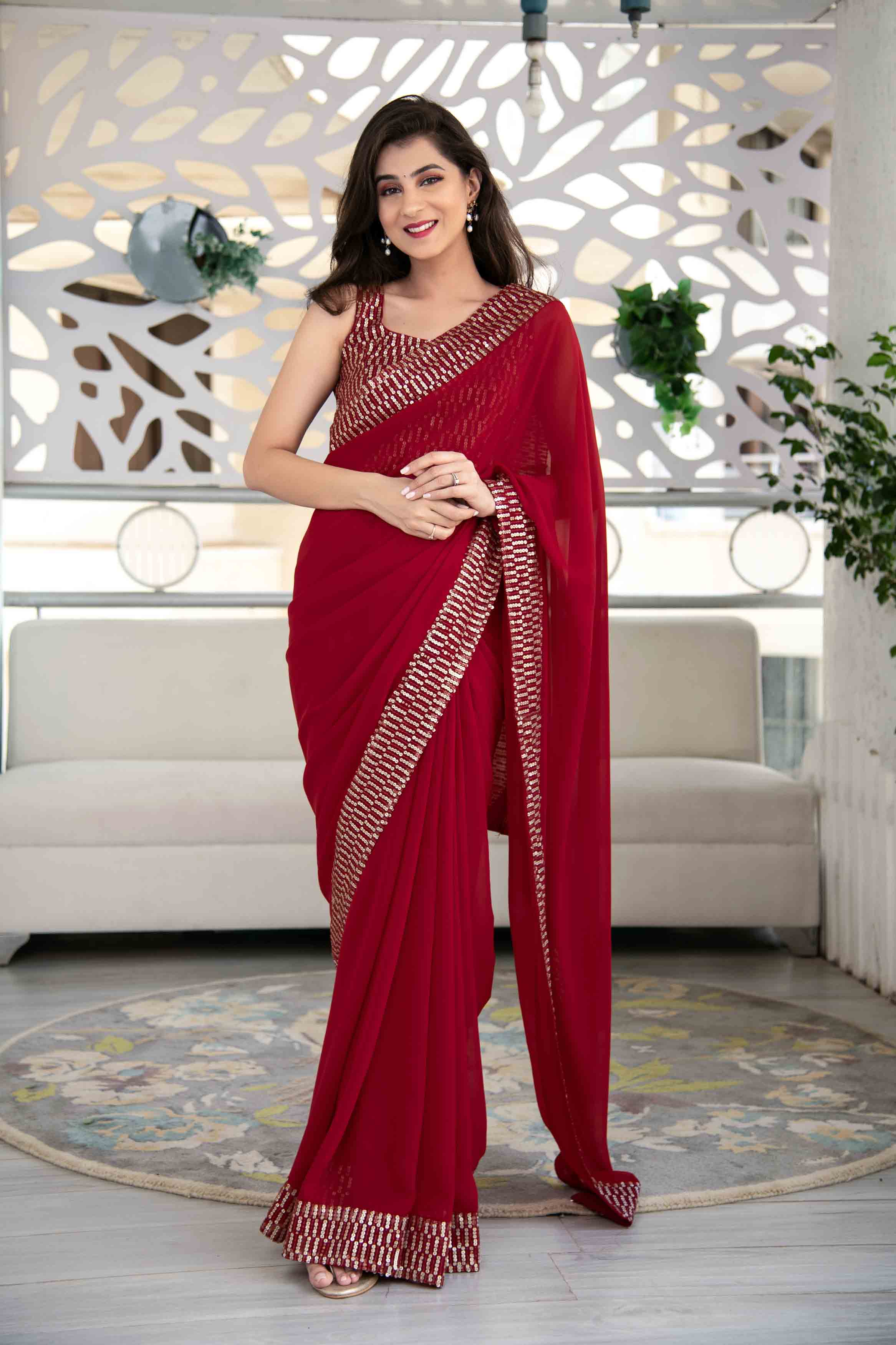 Red Georgette Embroidered Sequin Saree With Unstitched Blouse