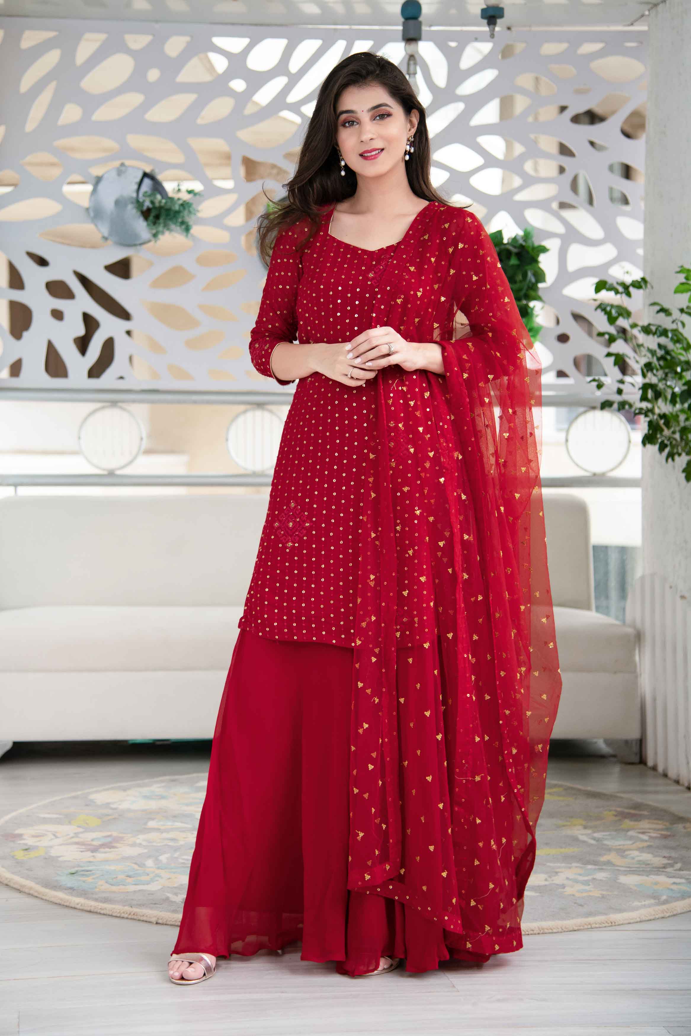 Red Georgette Palazzo Kurta Suit Set With Net Dupatta