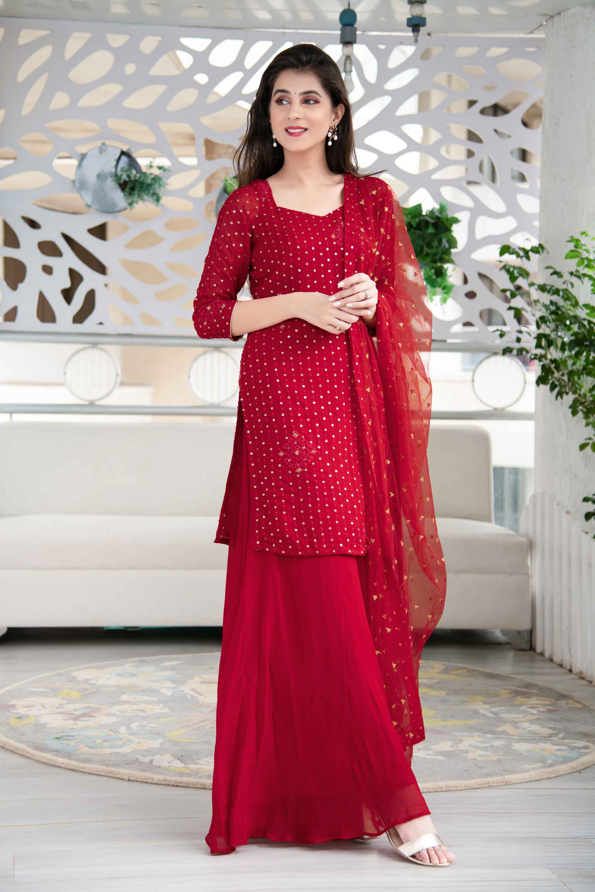 Red Georgette Palazzo Kurta Suit Set With Net Dupatta