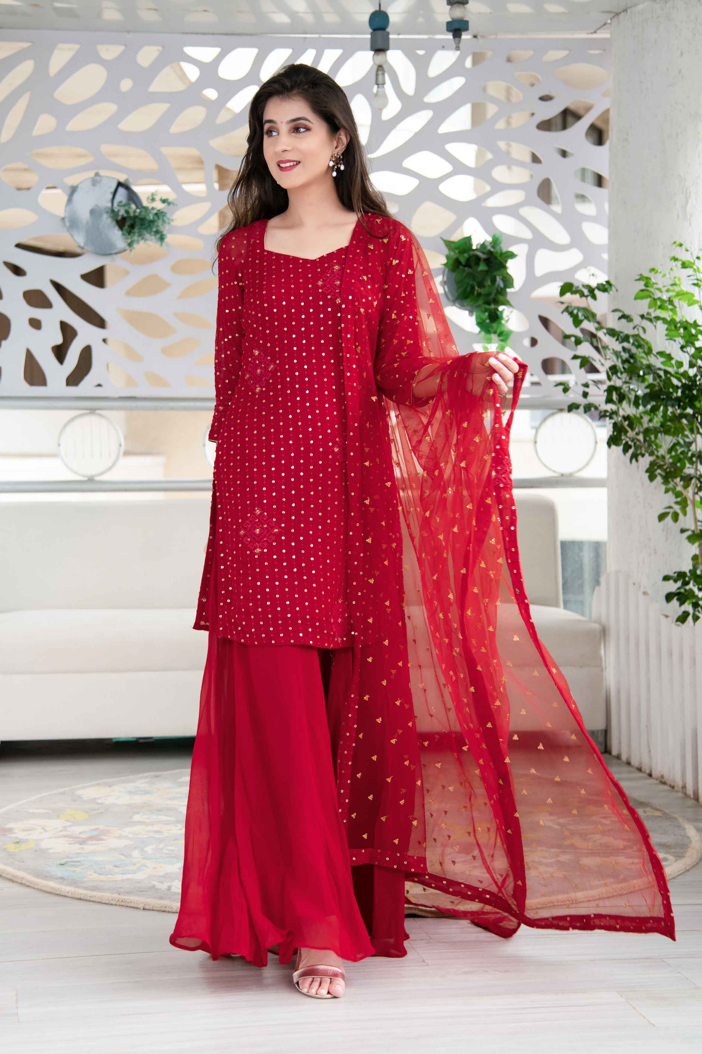 Red Georgette Palazzo Kurta Suit Set With Net Dupatta