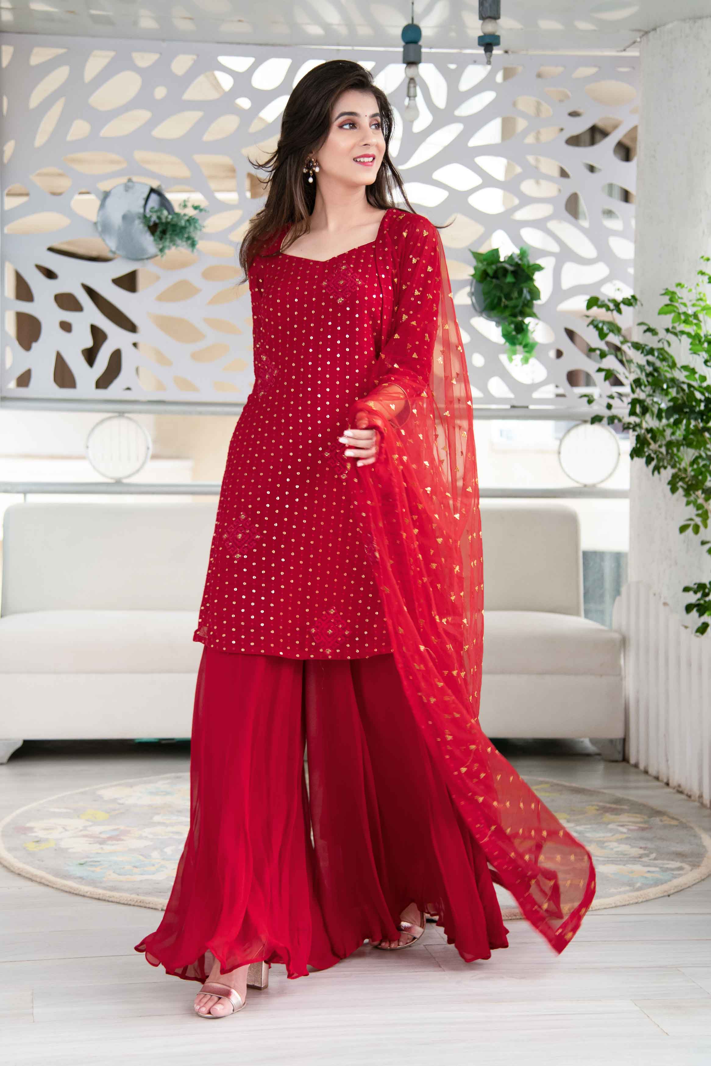 Red Georgette Palazzo Kurta Suit Set With Net Dupatta