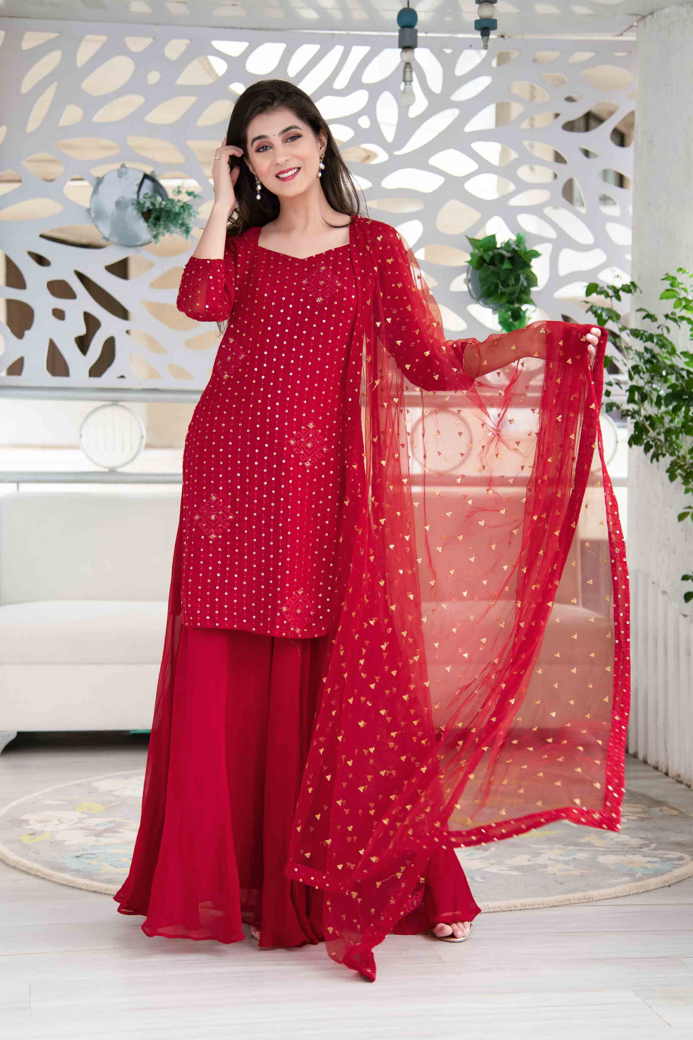 Red Georgette Palazzo Kurta Suit Set With Net Dupatta