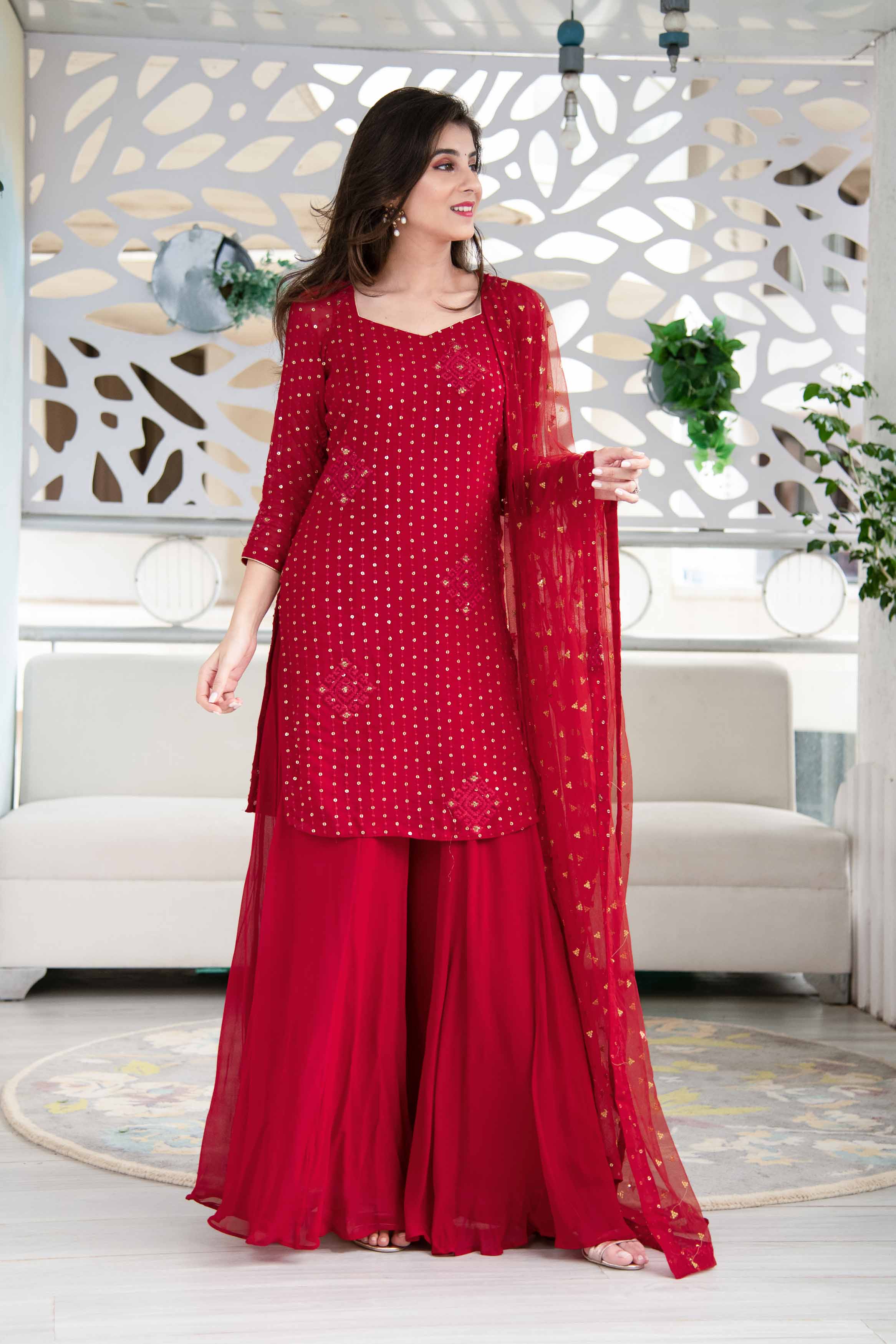 Red Georgette Palazzo Kurta Suit Set With Net Dupatta