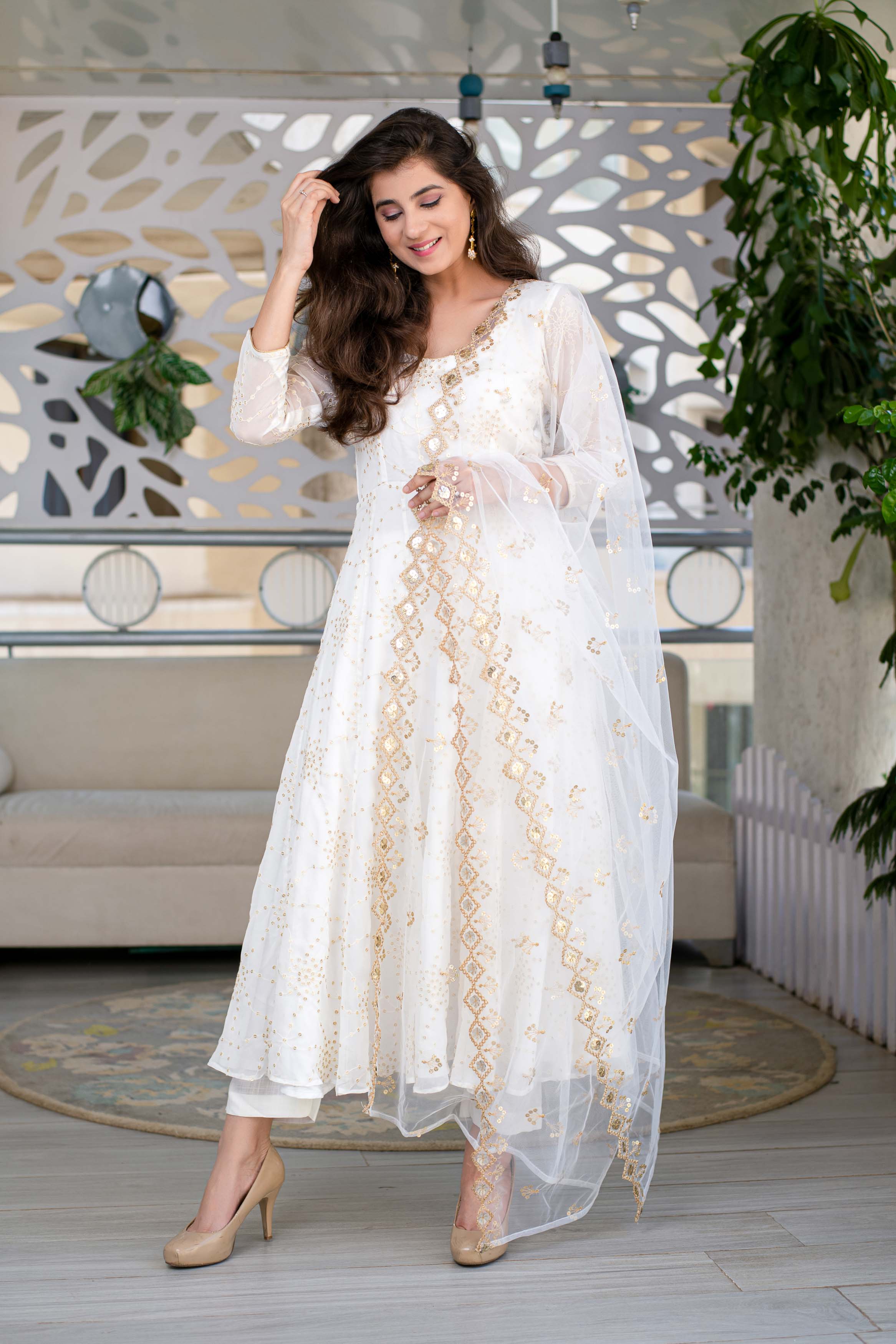 White And Gold Anarkali