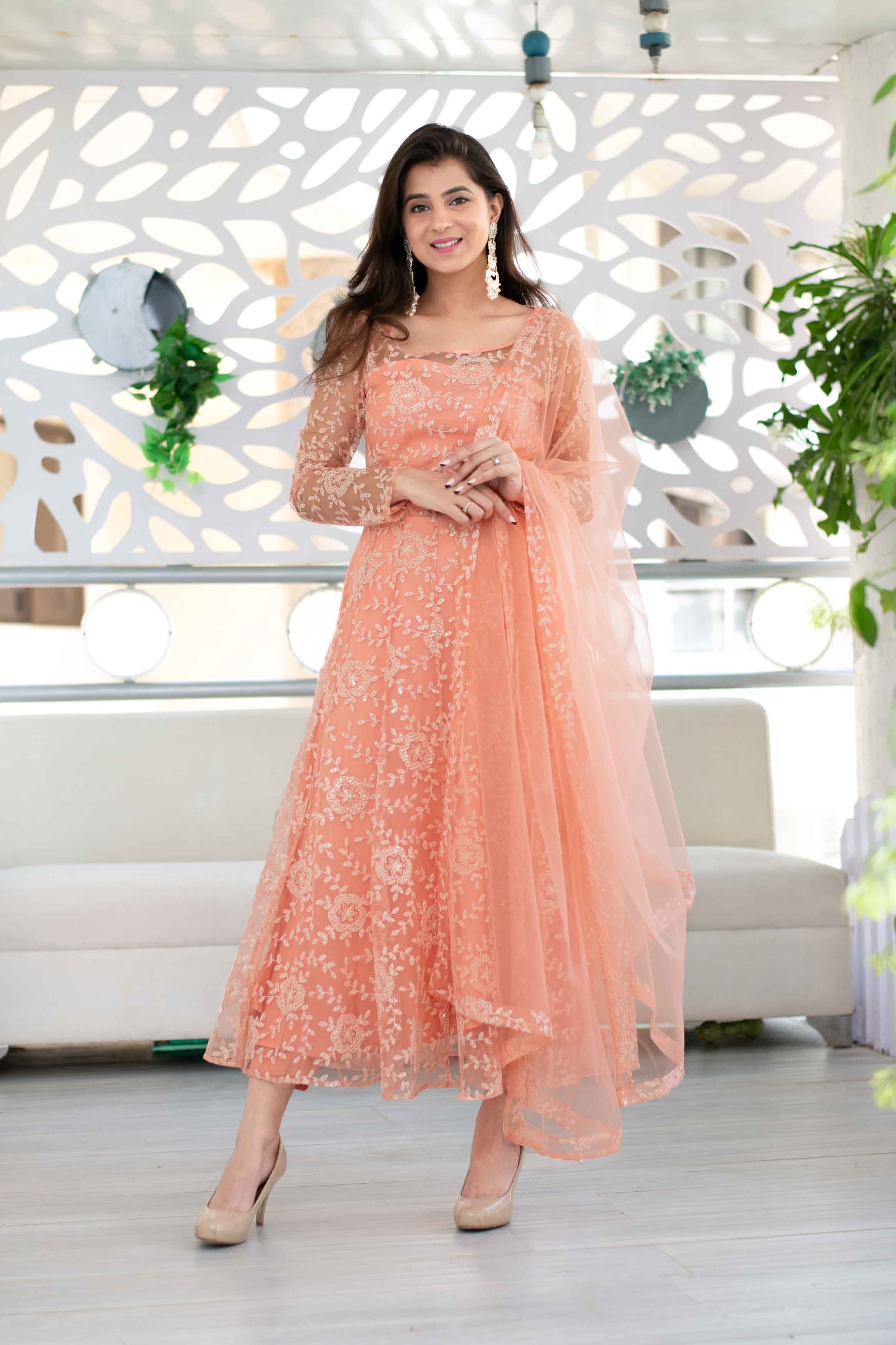 Peach Heavy Thread Work Anarkali Suit Set With Net Dupatta