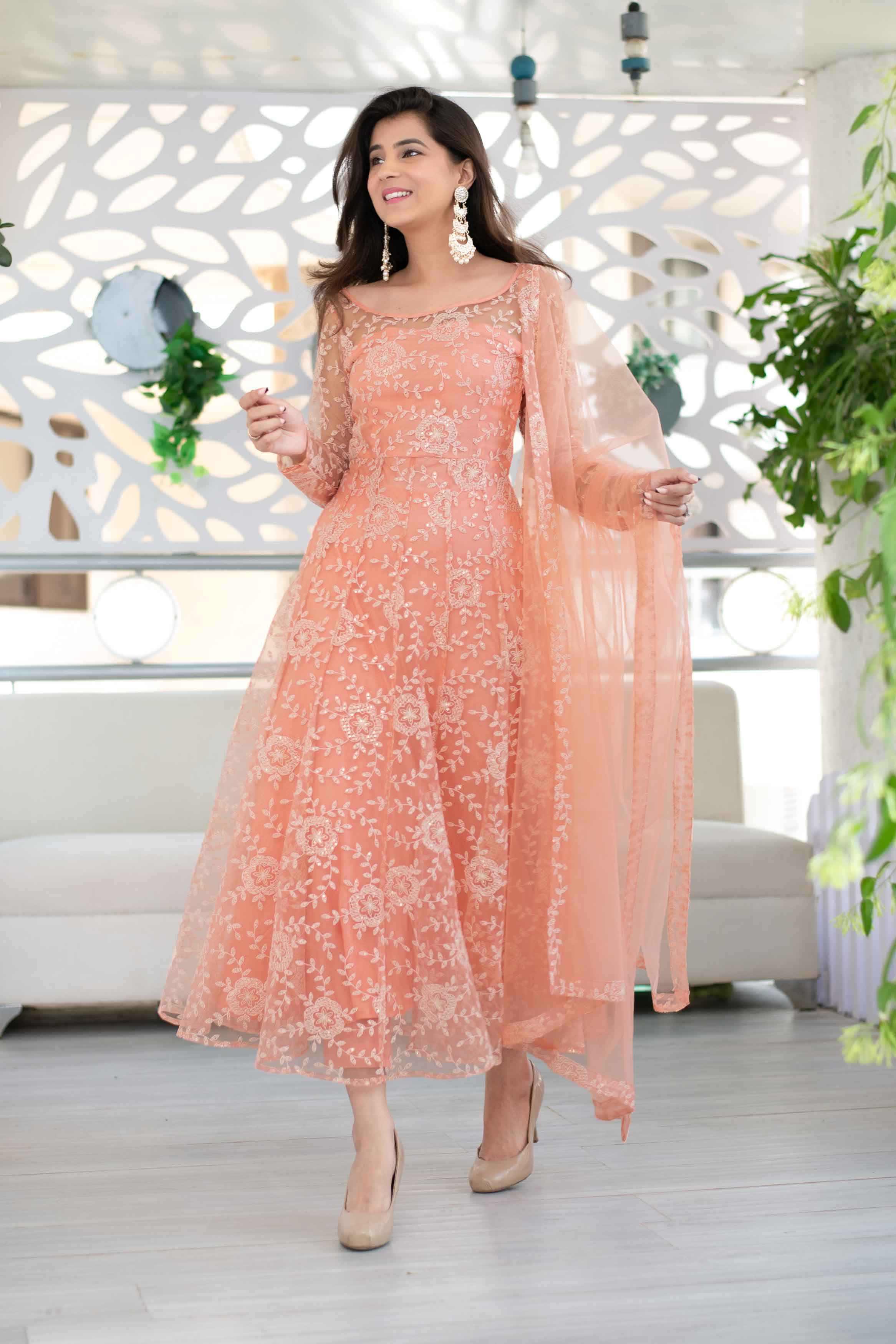 Peach Heavy Thread Work Anarkali Suit Set With Net Dupatta