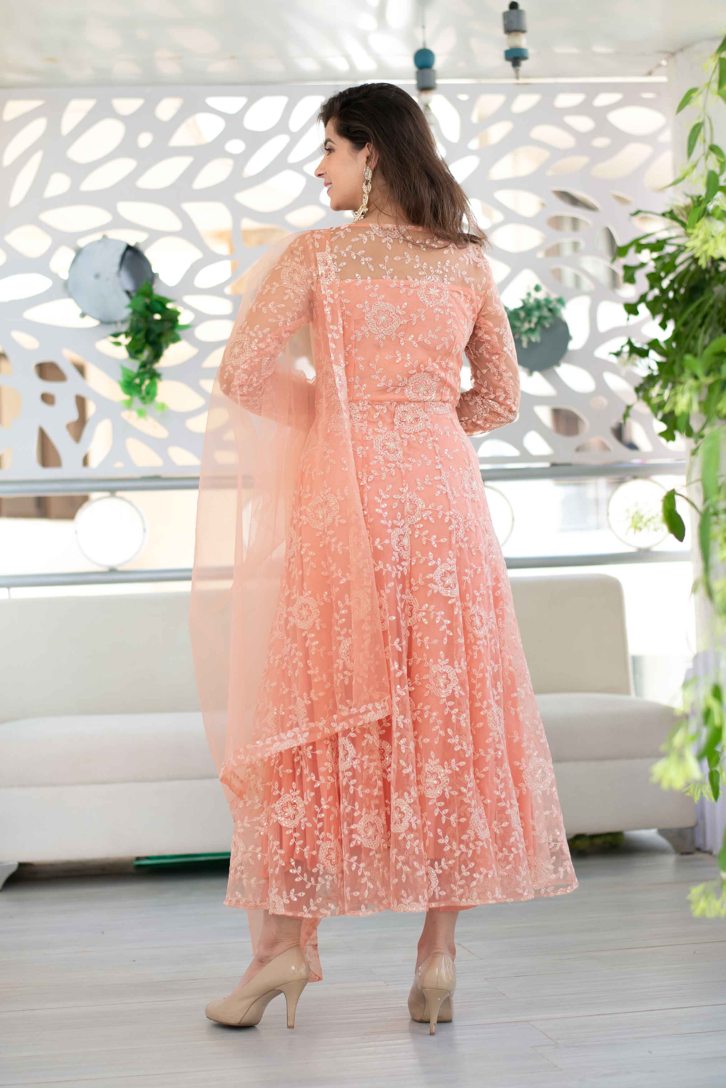 Peach Heavy Thread Work Anarkali Suit Set With Net Dupatta