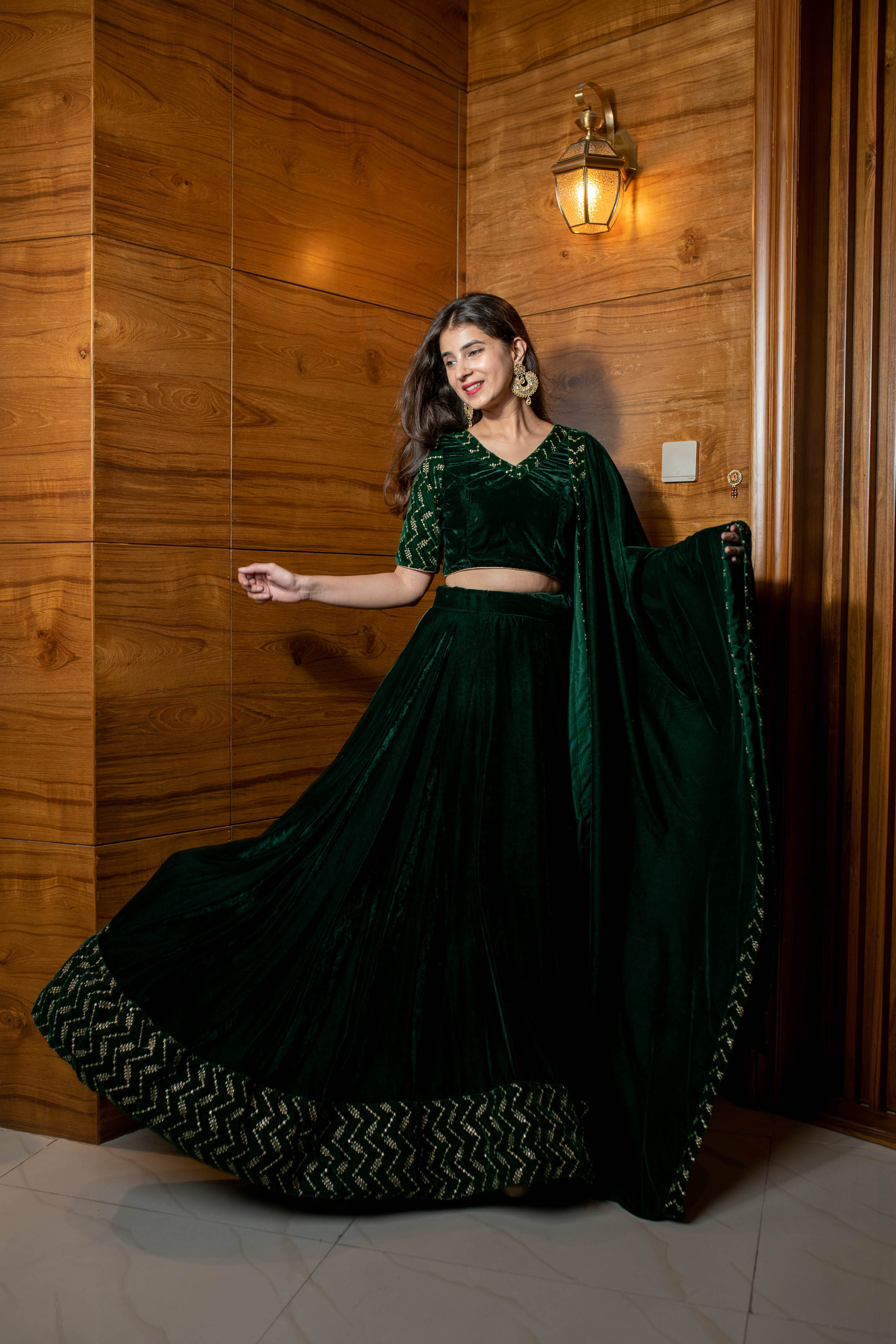 Bottle Green Sequin And Zari Work Velvet Lehenga