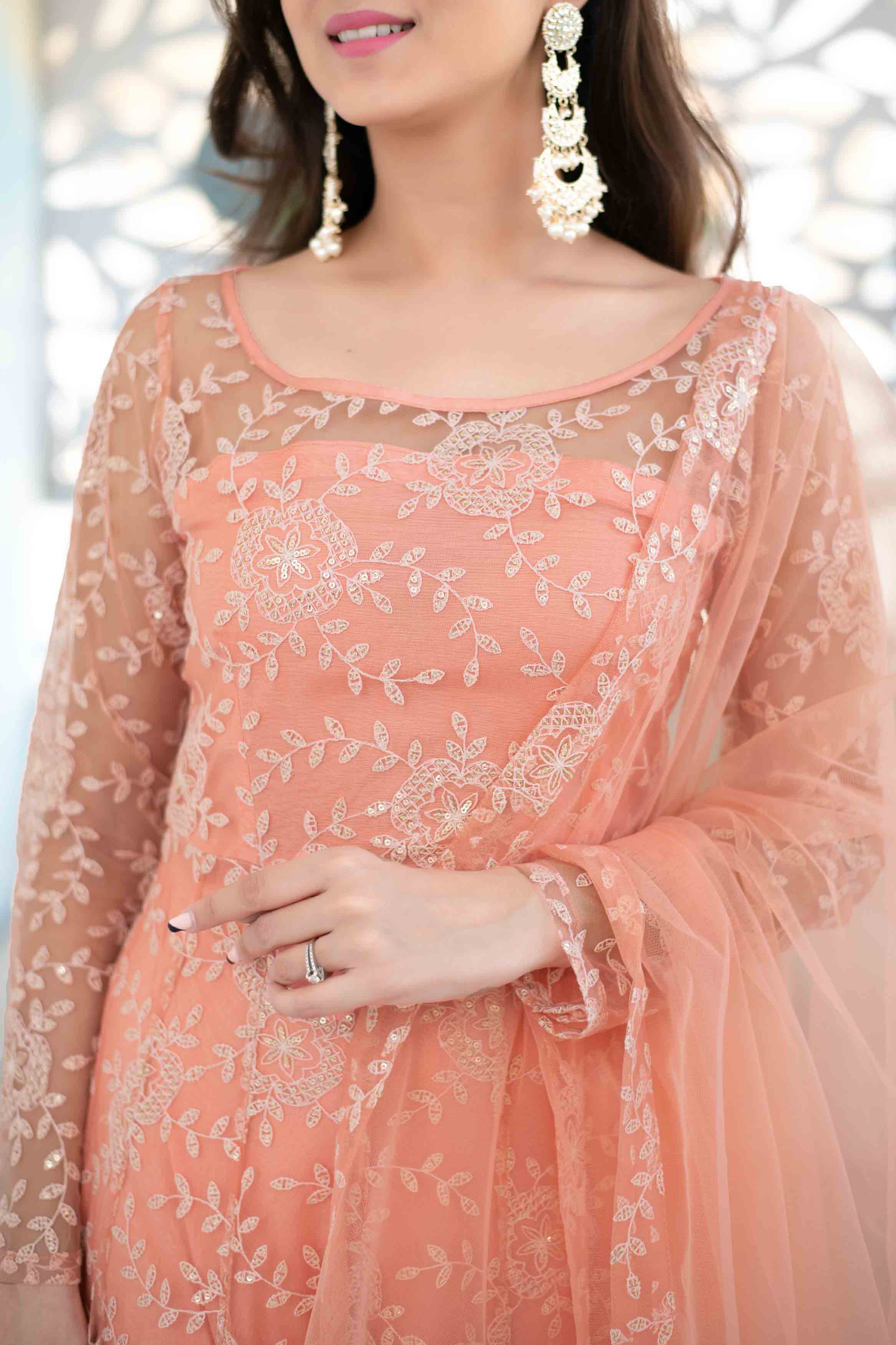 Peach Heavy Thread Work Anarkali Suit Set With Net Dupatta