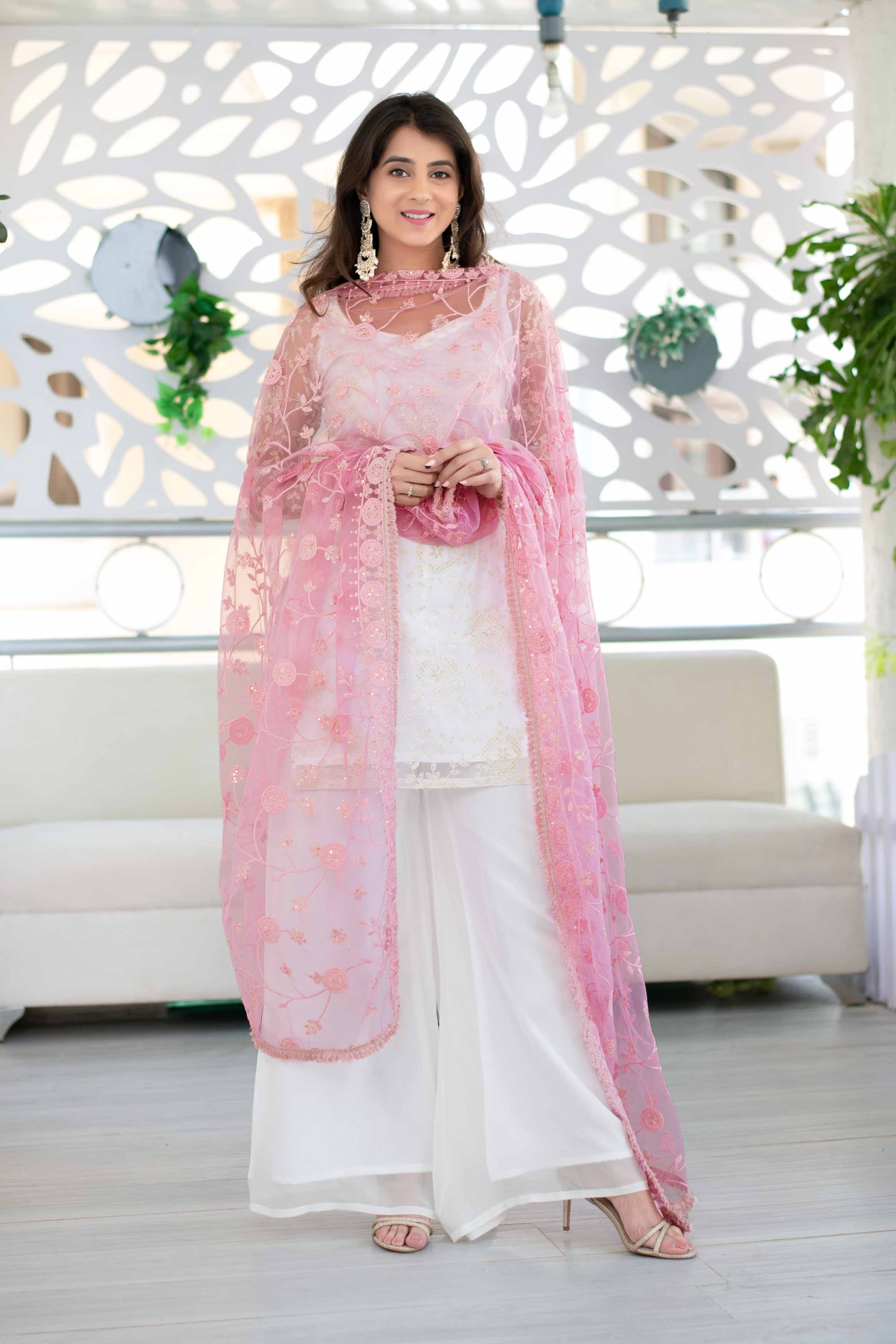 White Palazzo Kurta Suit Set With Heavy Thread Work Pink Dupatta