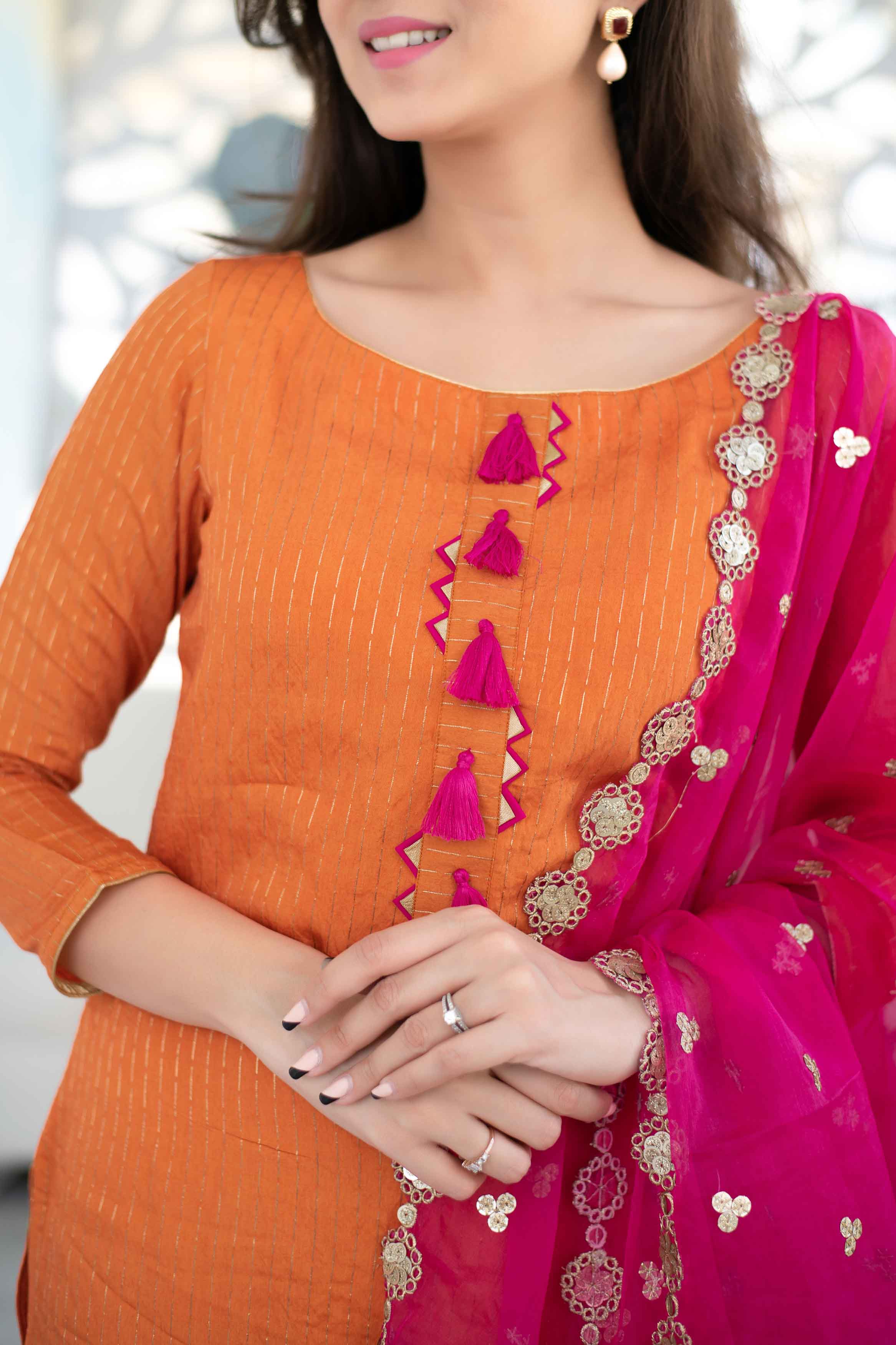 Orange And Pink Chanderi Kurta Suit Set With Organza Dupatta