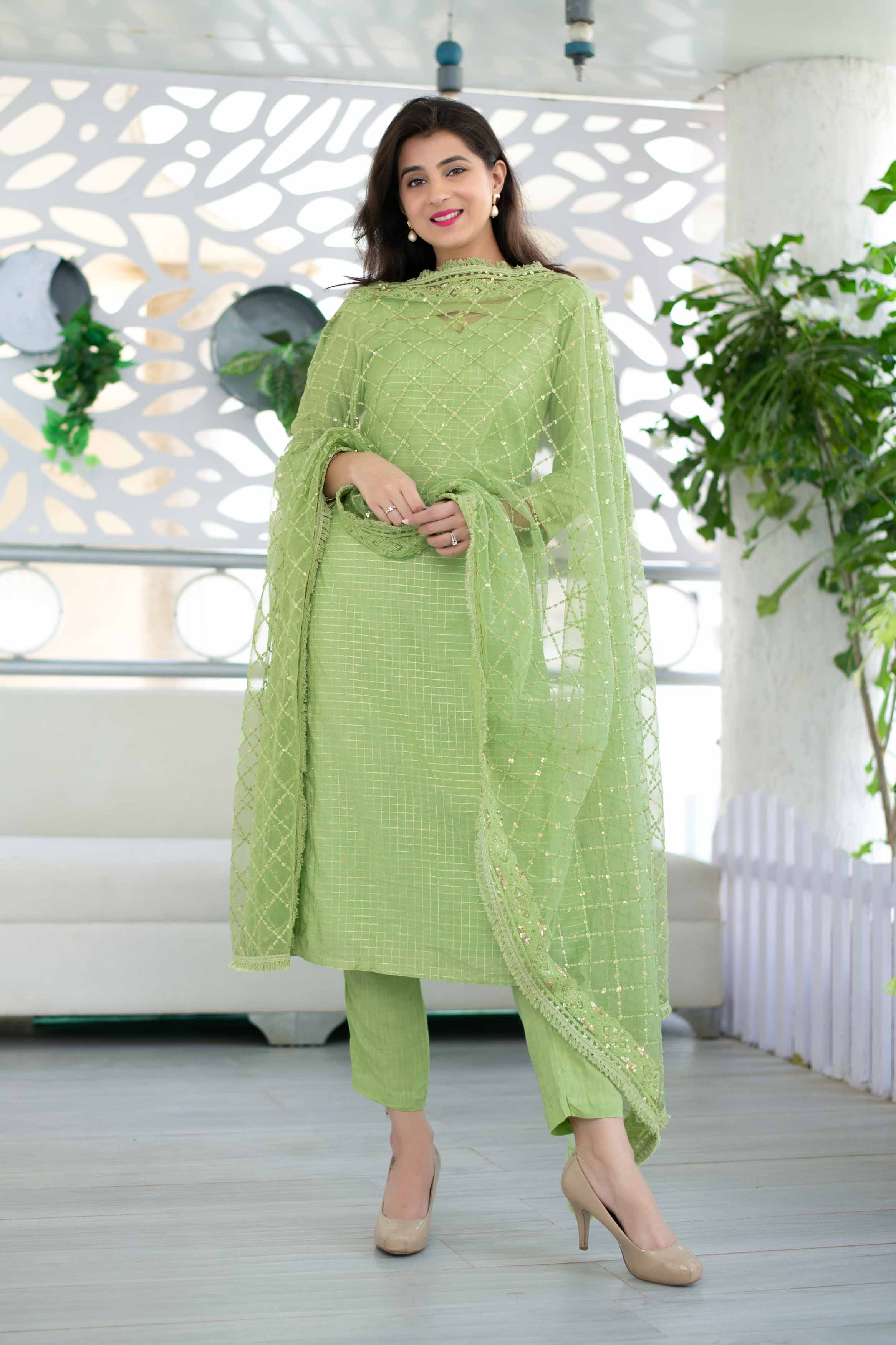 Light Green Chanderi Kurta Suit Set With Heavy Net Dupatta