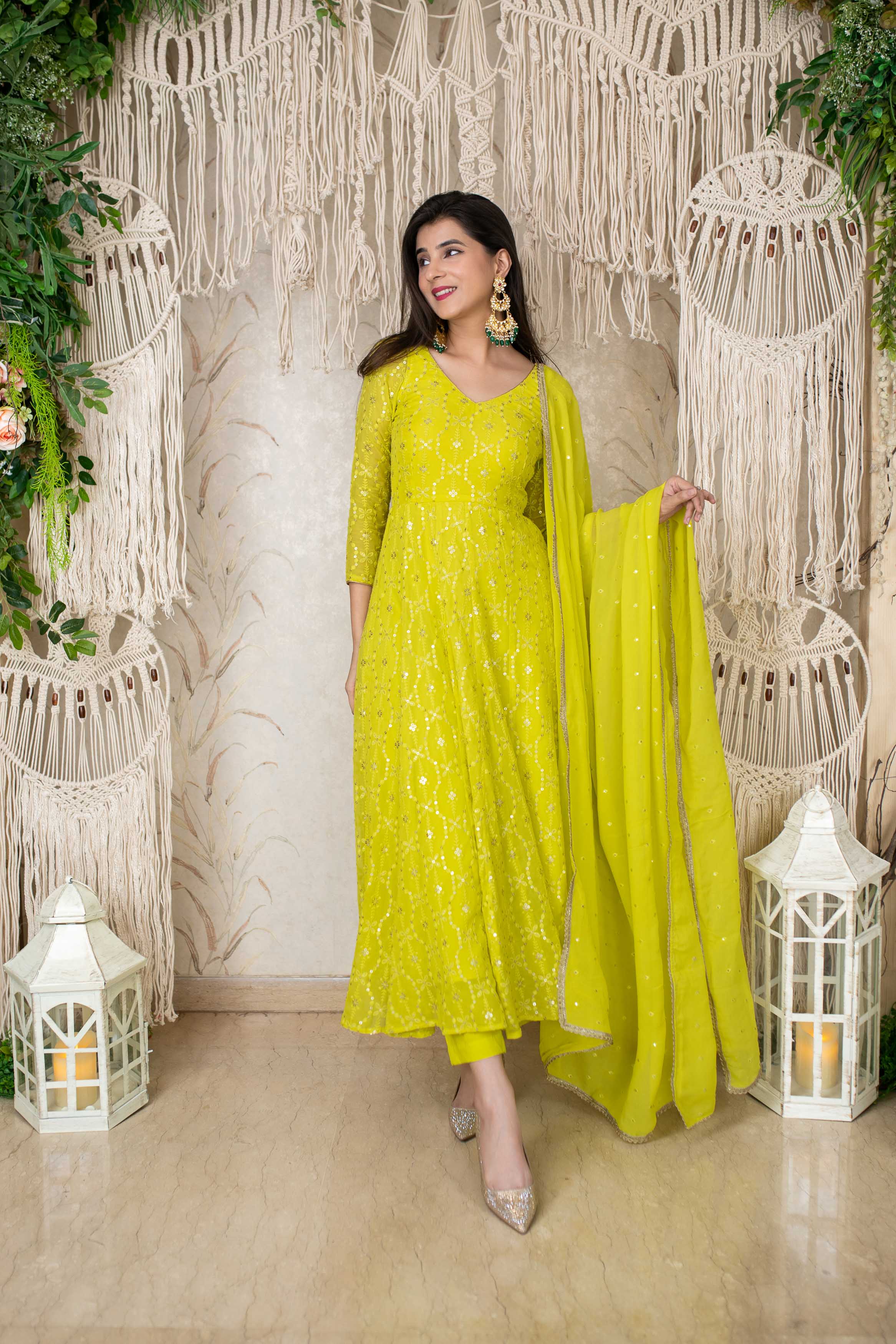 Lime Green Embroidery Anarkali Set