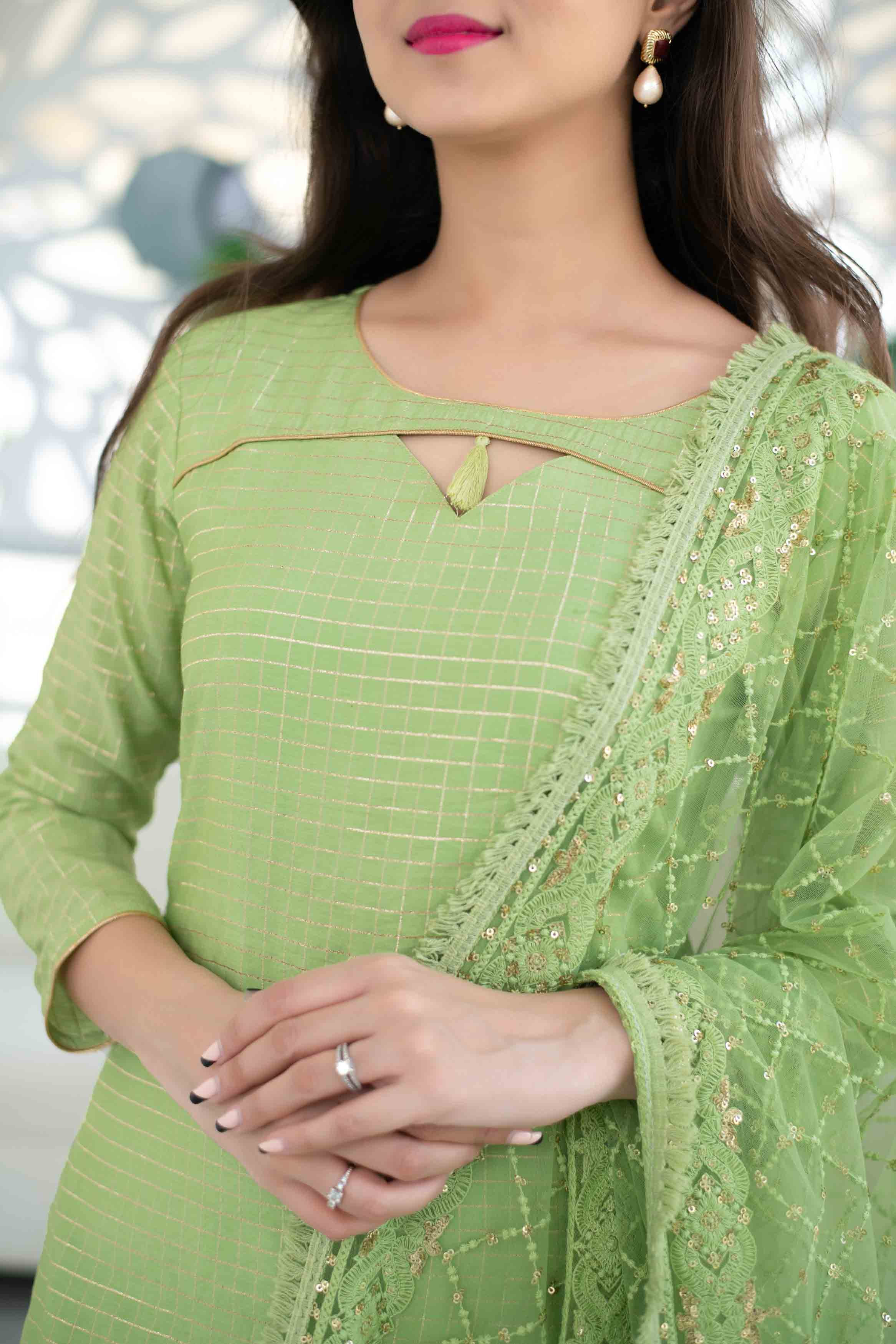 Light Green Chanderi Kurta Suit Set With Heavy Net Dupatta