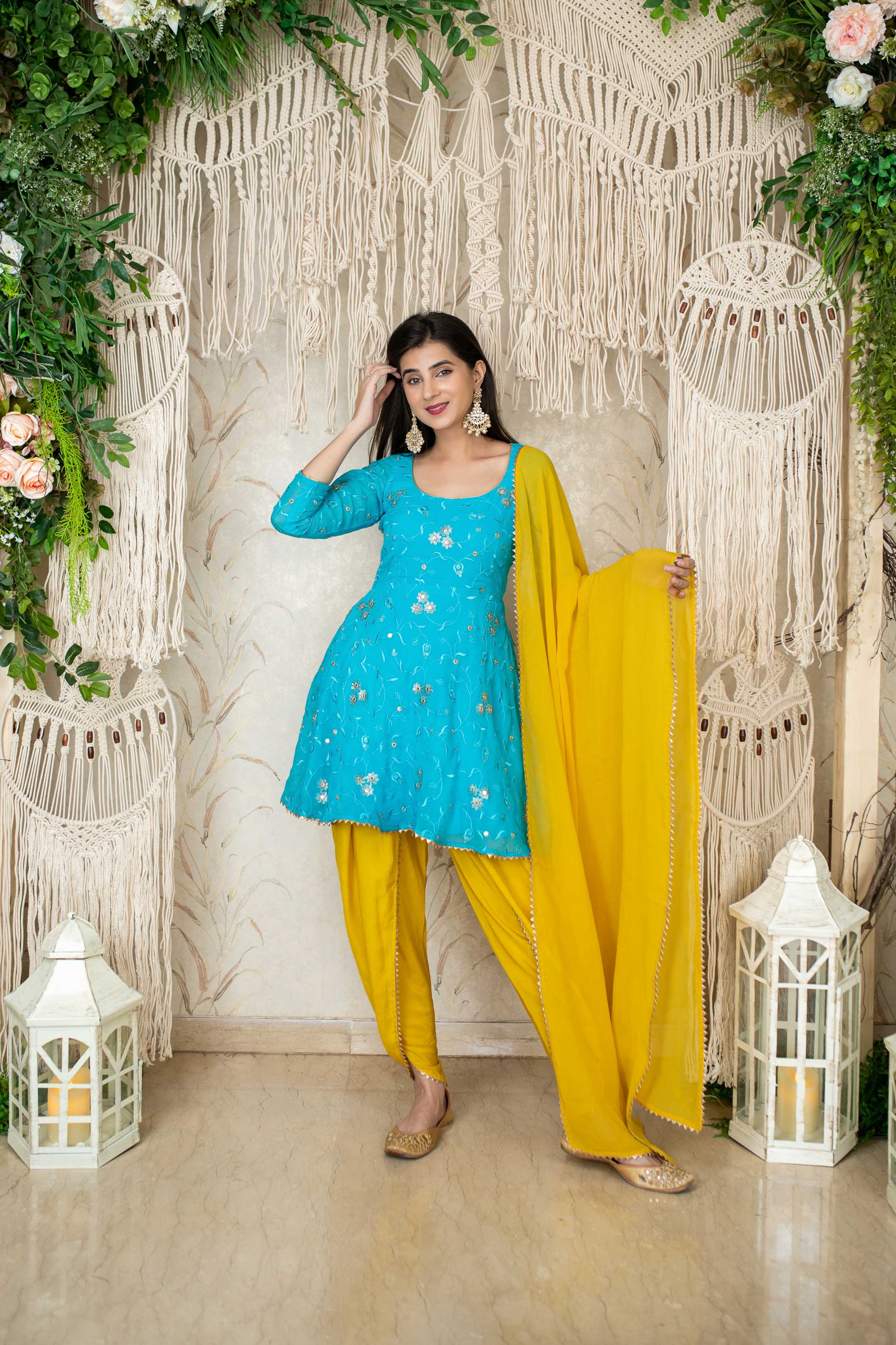 Turquoise & Yellow Kurta With Dhoti