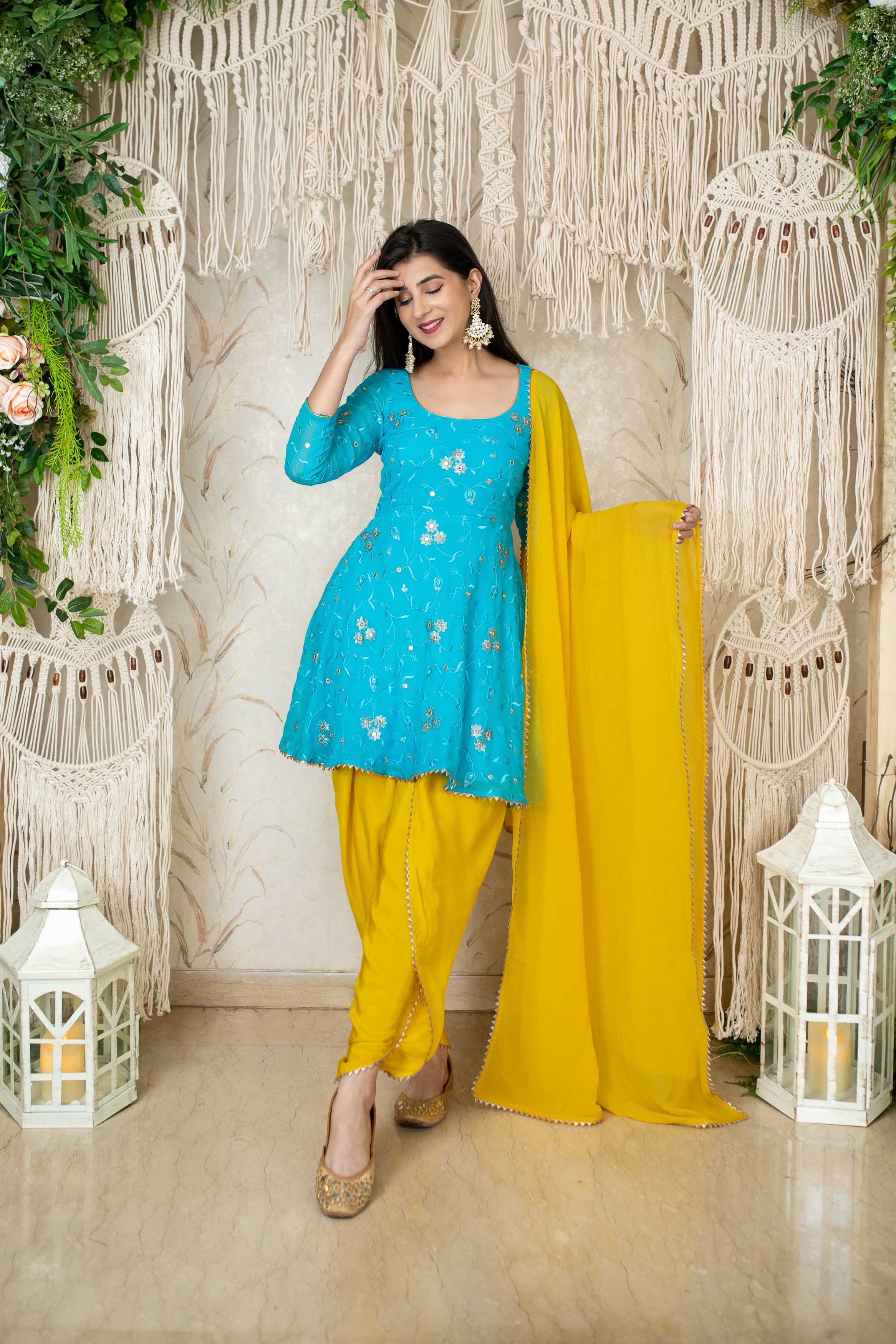 Turquoise & Yellow Kurta With Dhoti