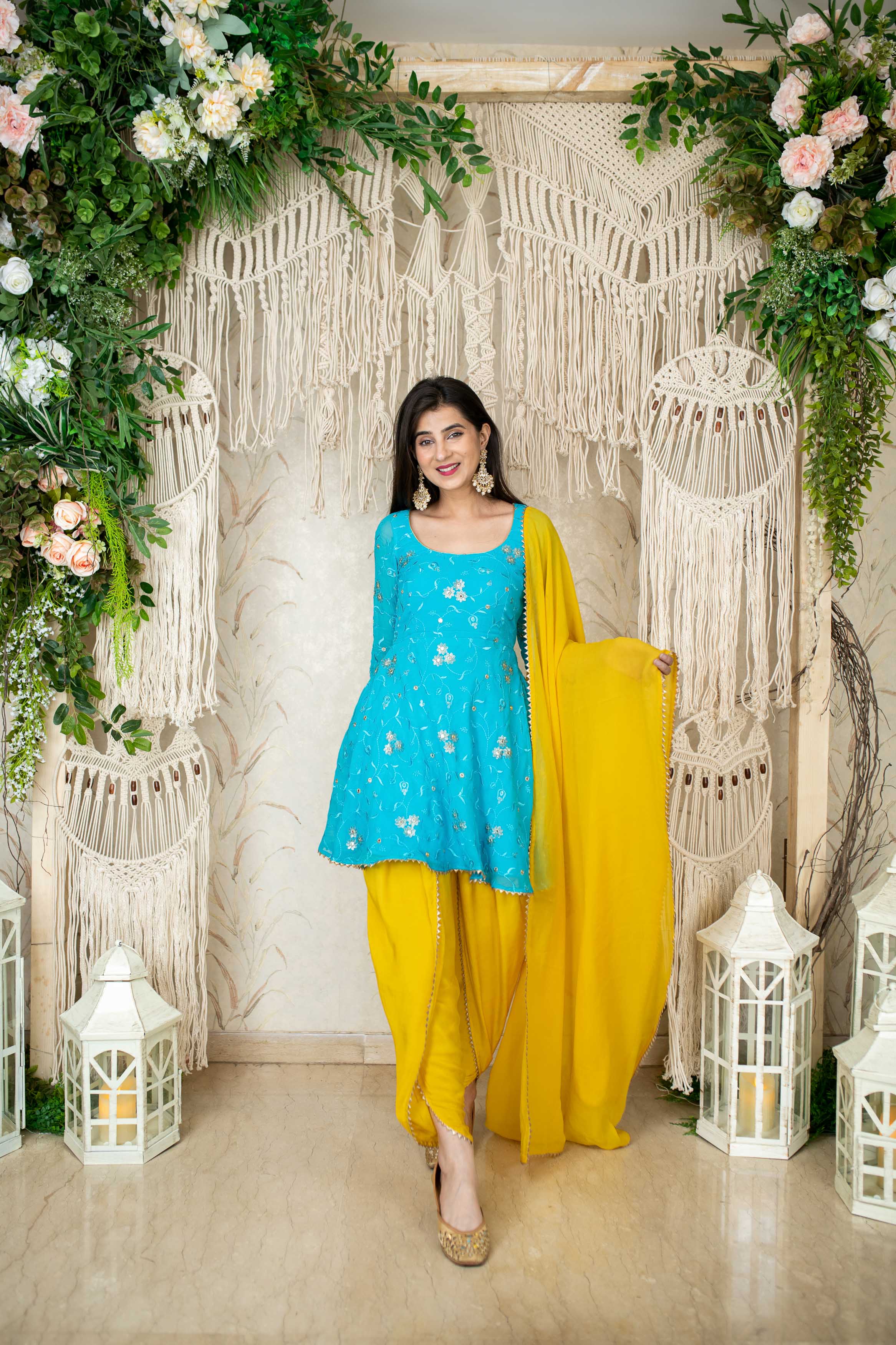 Turquoise & Yellow Kurta With Dhoti