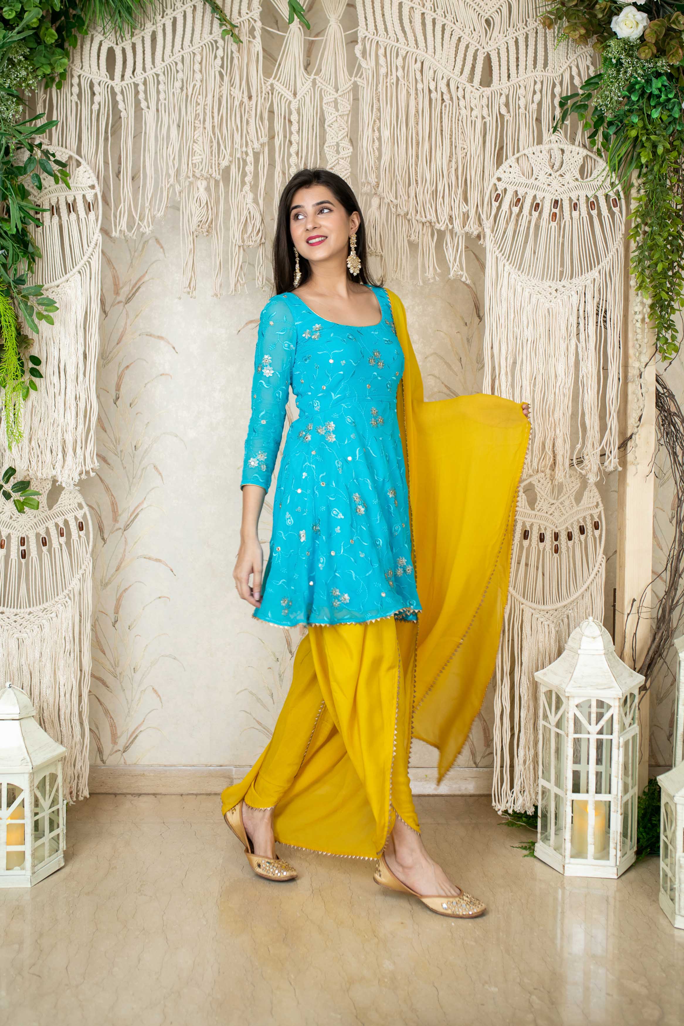 Turquoise & Yellow Kurta With Dhoti