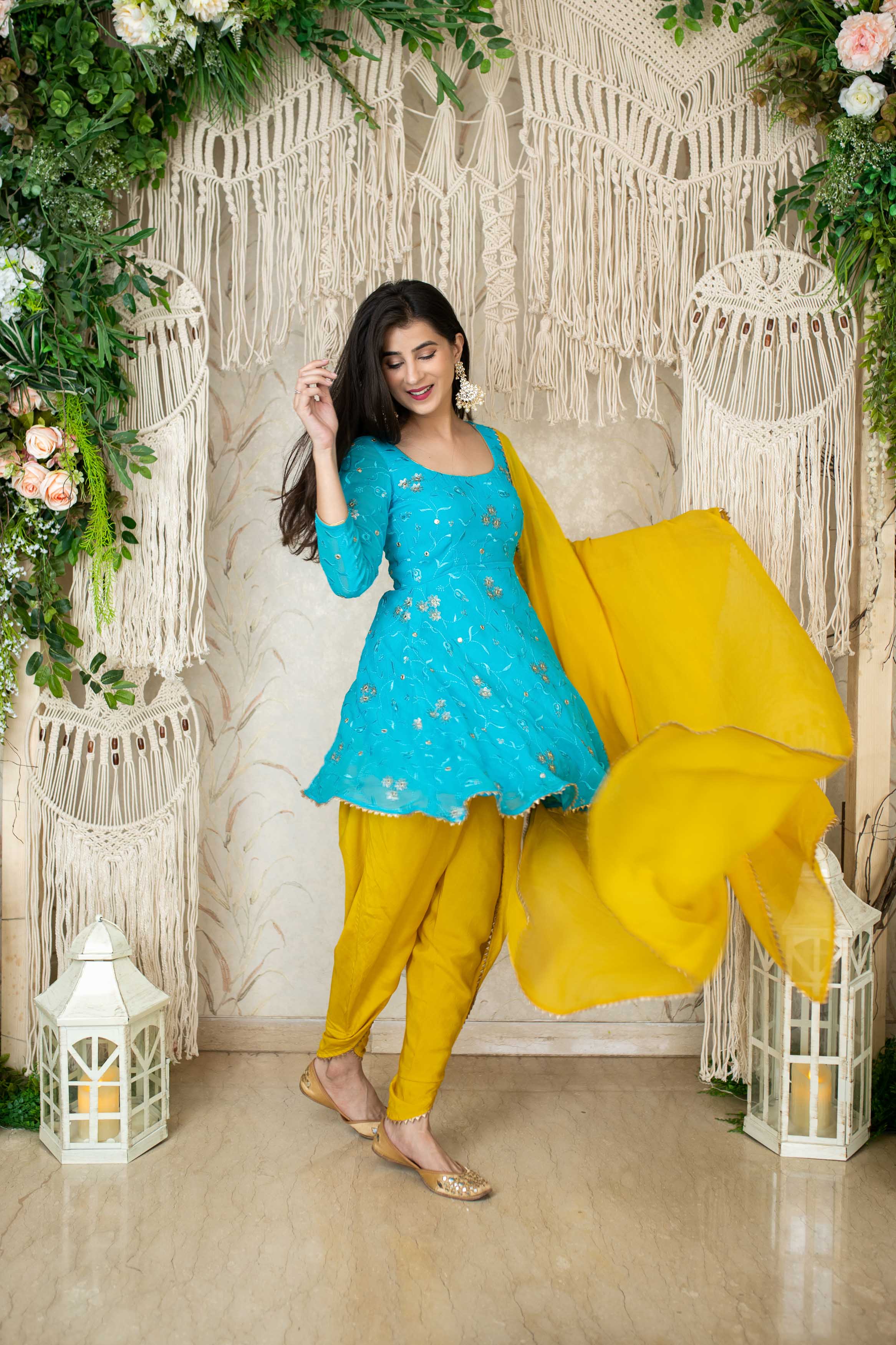 Turquoise & Yellow Kurta With Dhoti