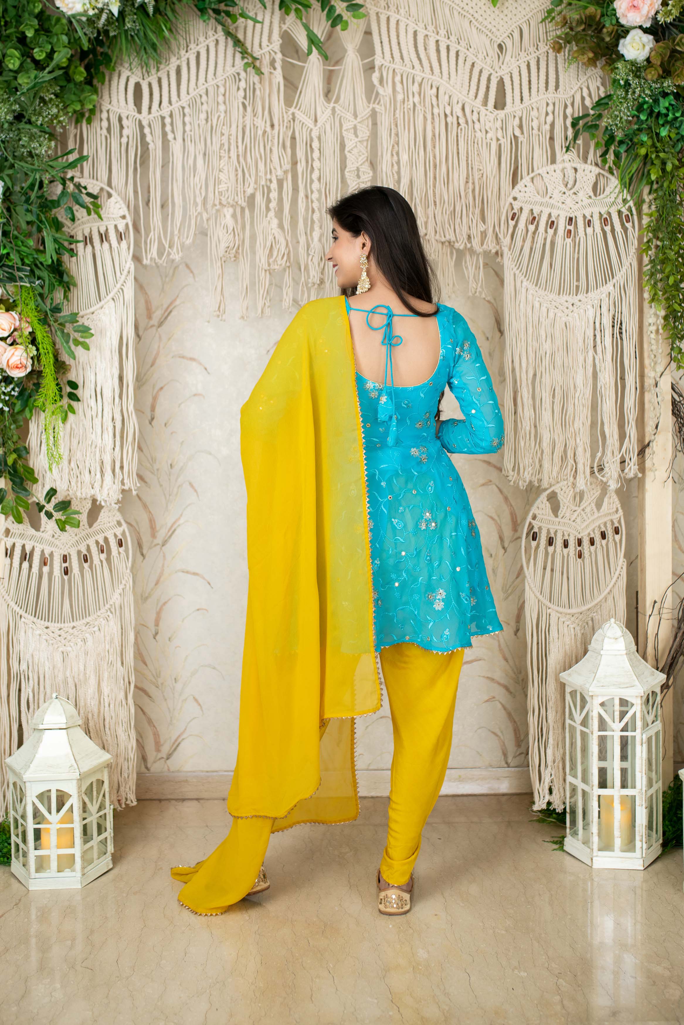 Turquoise & Yellow Kurta With Dhoti