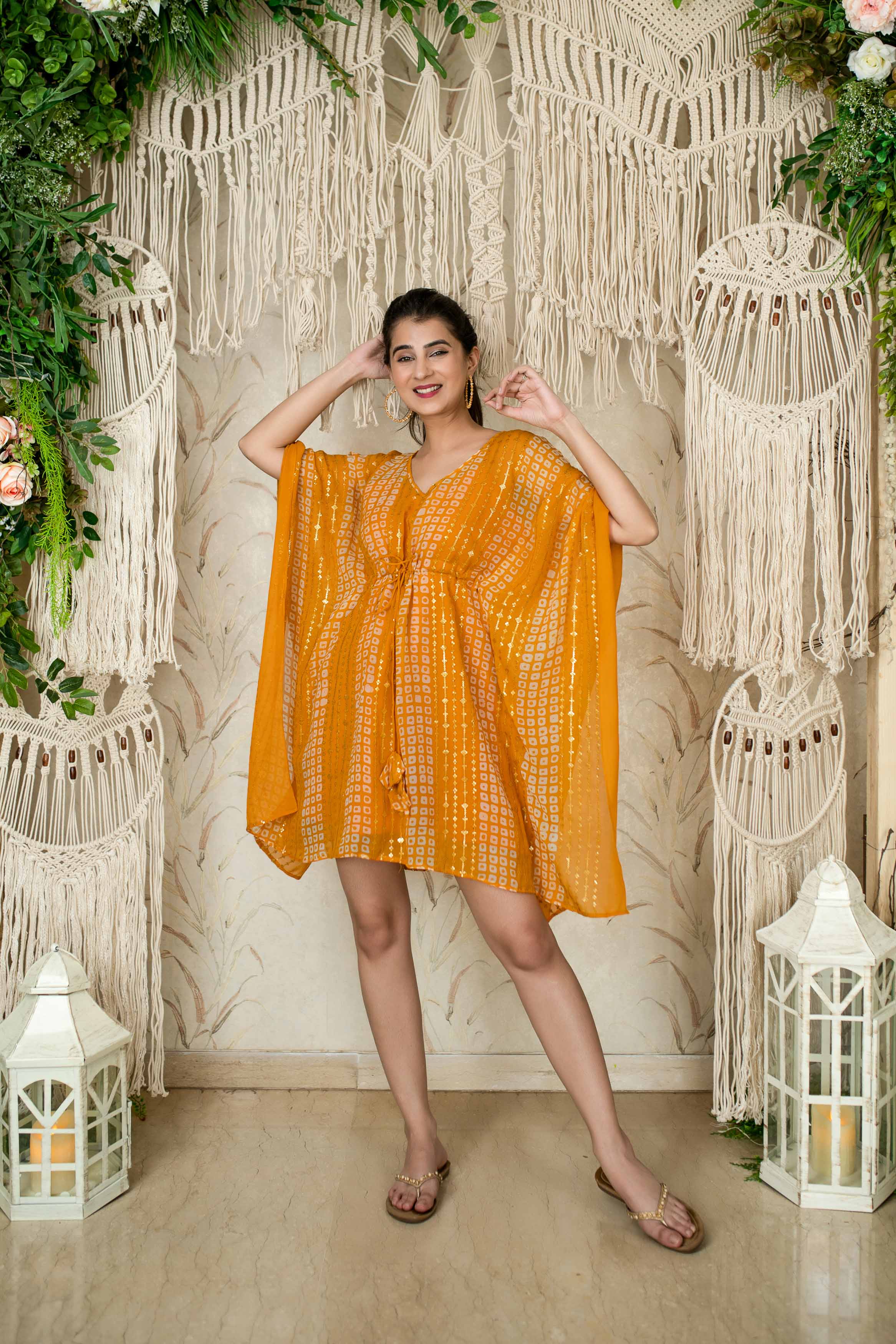 Mustard Thread Work And Sequin Kaftan